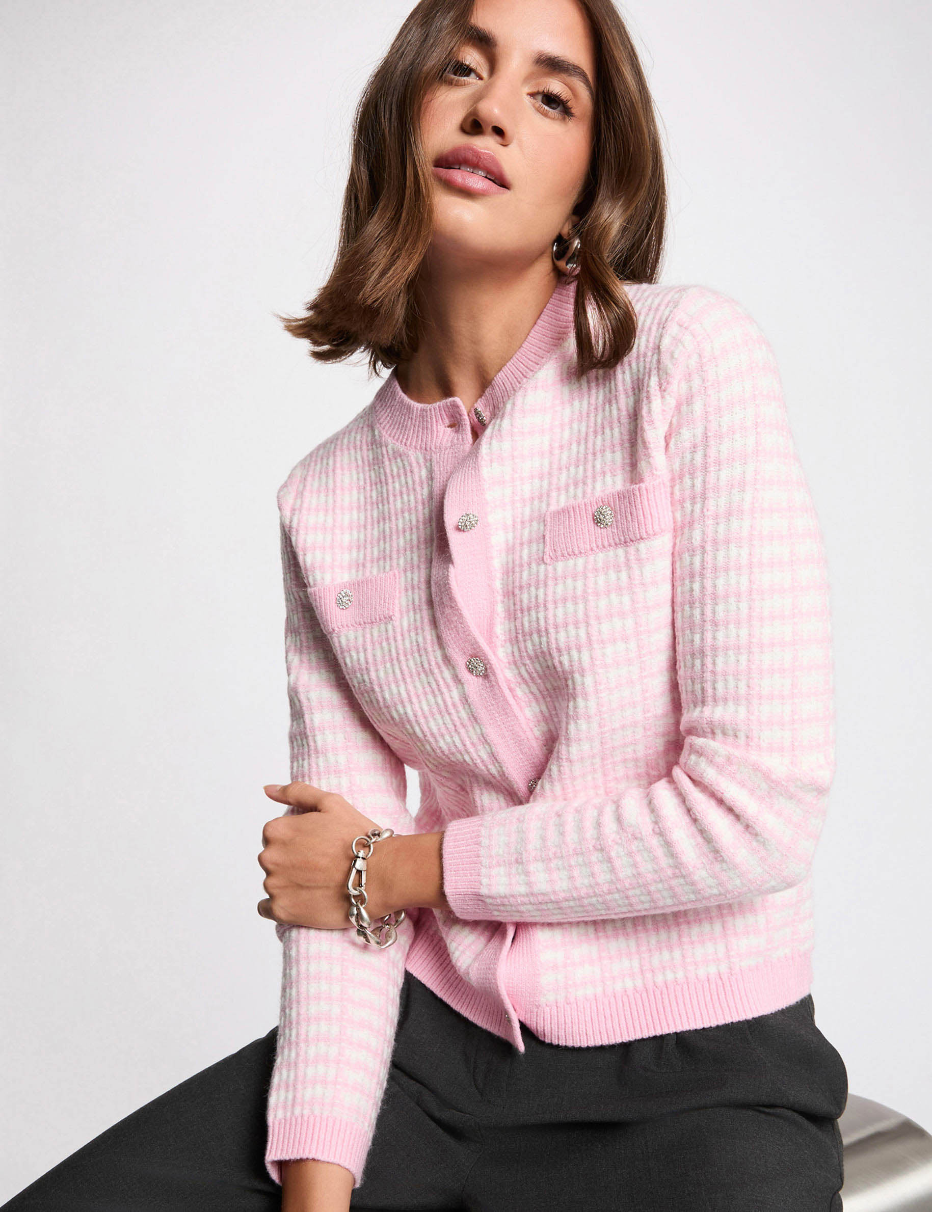 Fitted jacquard cardigan pink women