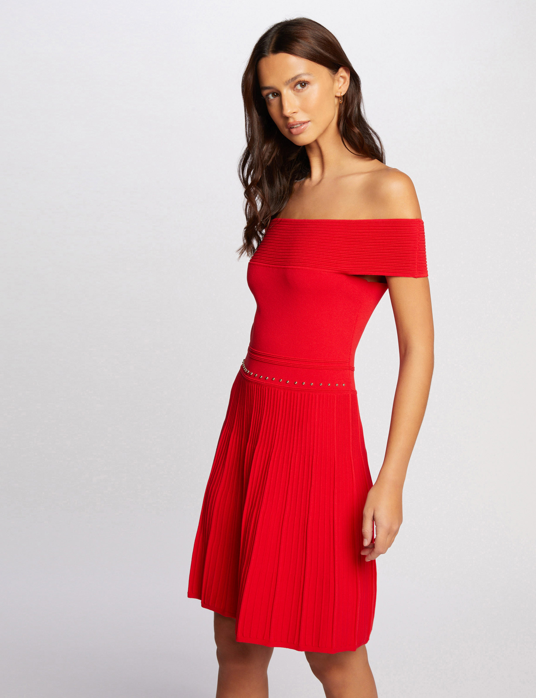 Knee-length skater knitted dress red ladies'