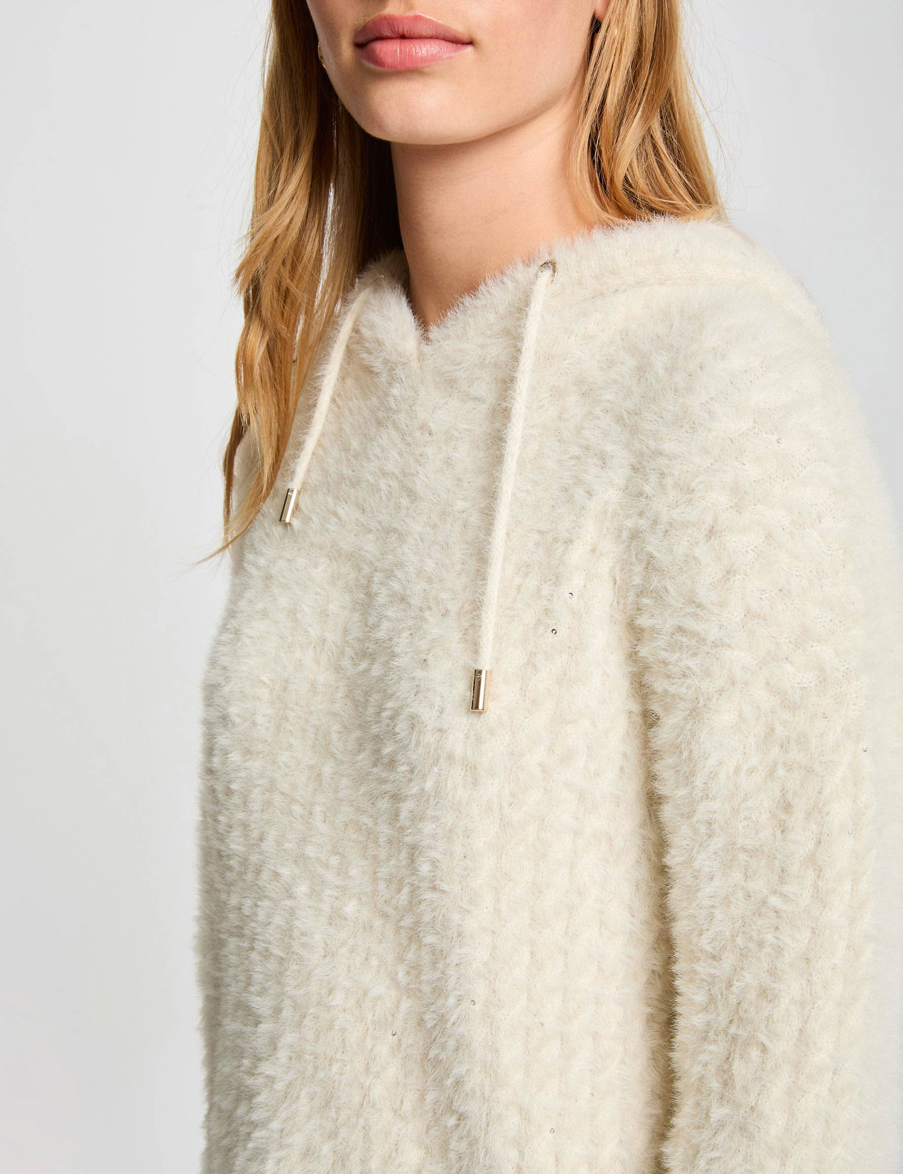 Sequin hoodie sweater ivory women