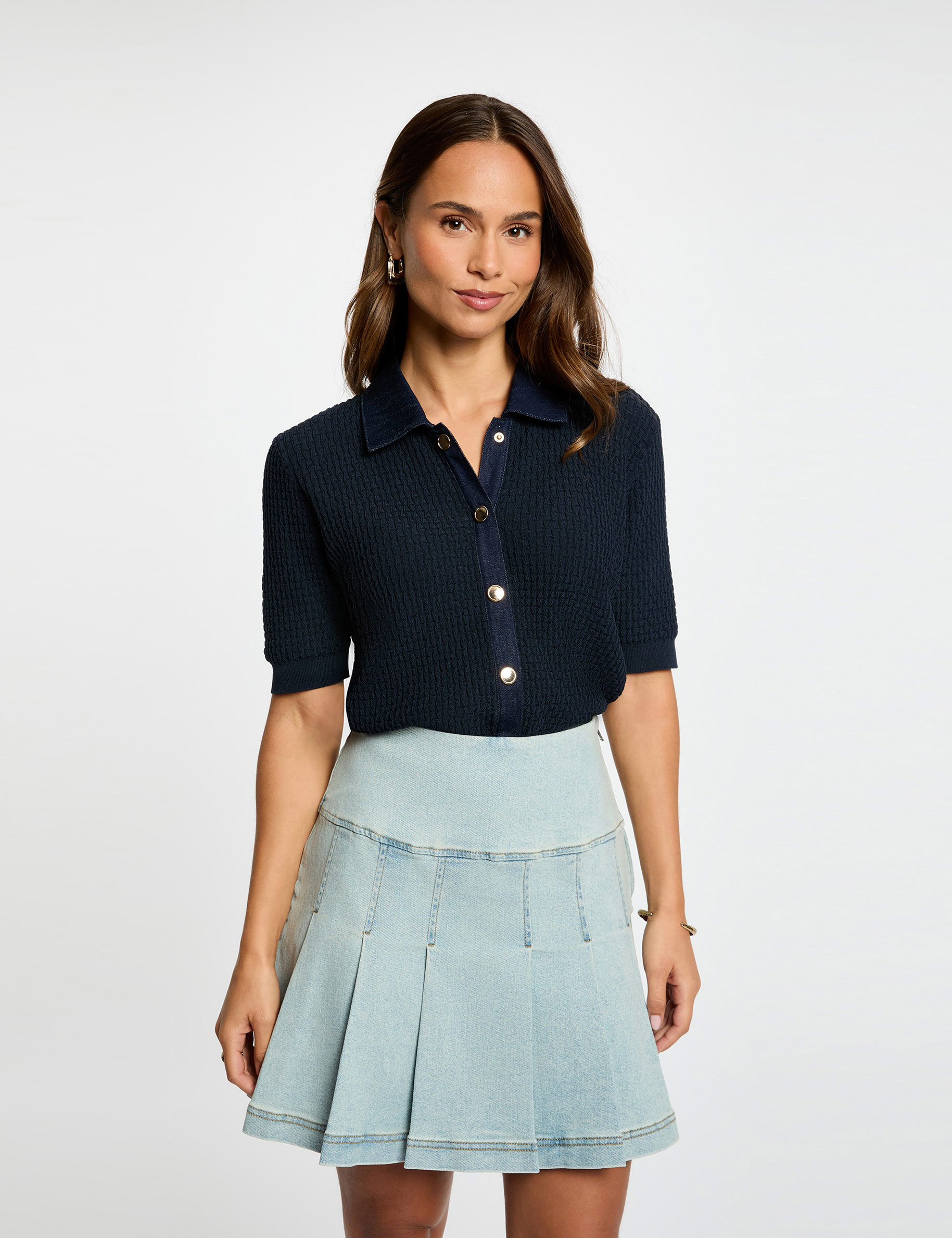 Pleated short skirt bleach denim women