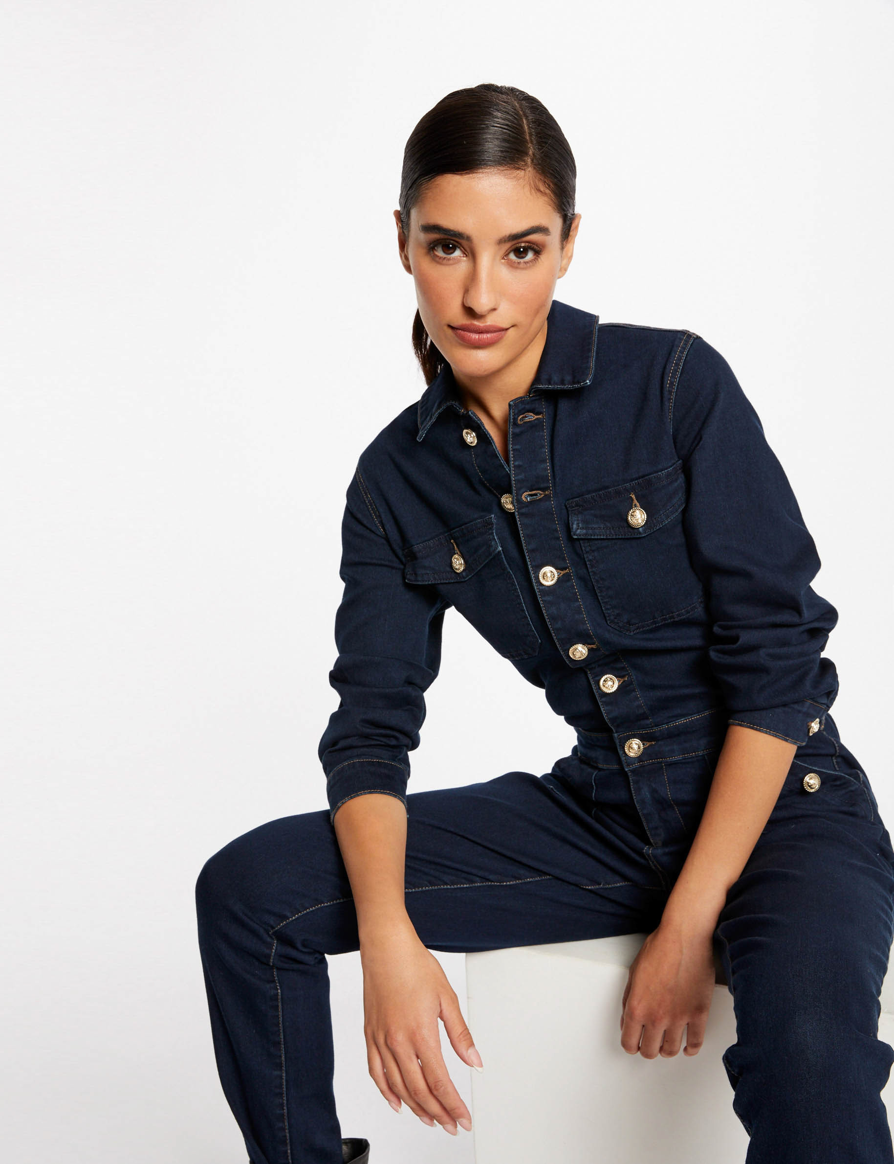 Straight buttoned denim jumpsuit raw denim ladies' Straight buttoned denim jumpsuit raw denim ladies'