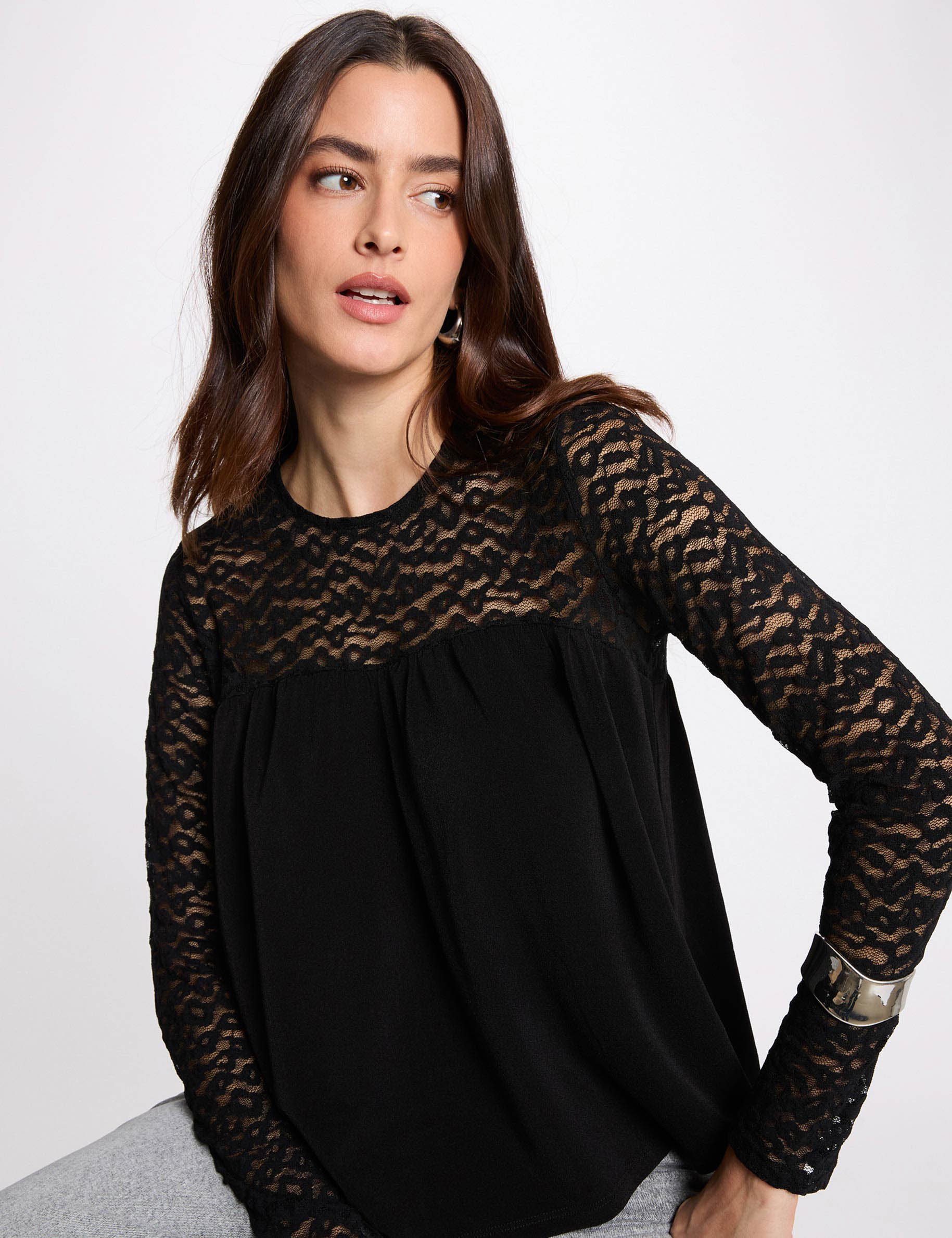Long-sleeve lace t-shirt black women