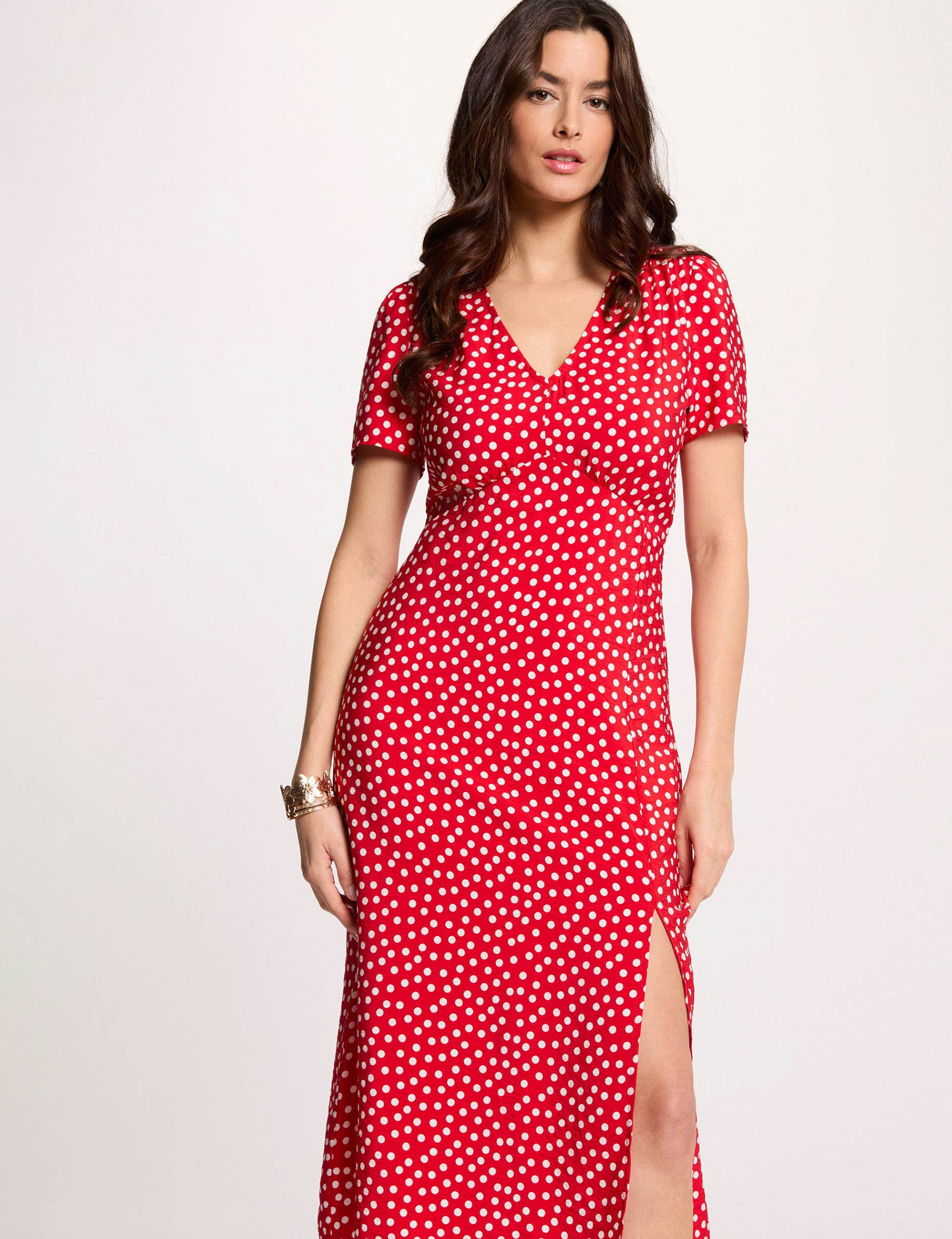 Mid-length dress with V-neck red women