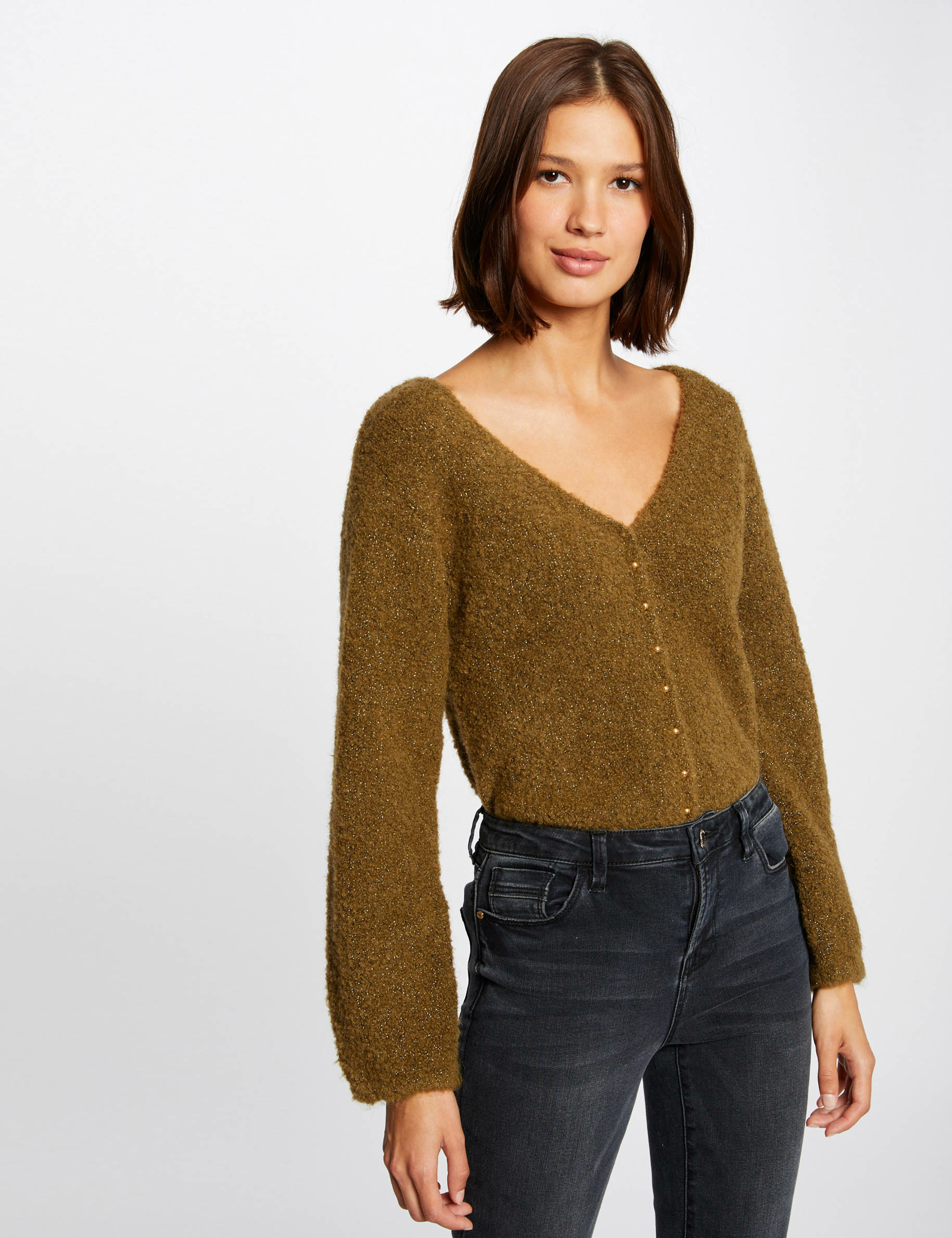 Long-sleeved jumper with V-neck mid-green ladies'
