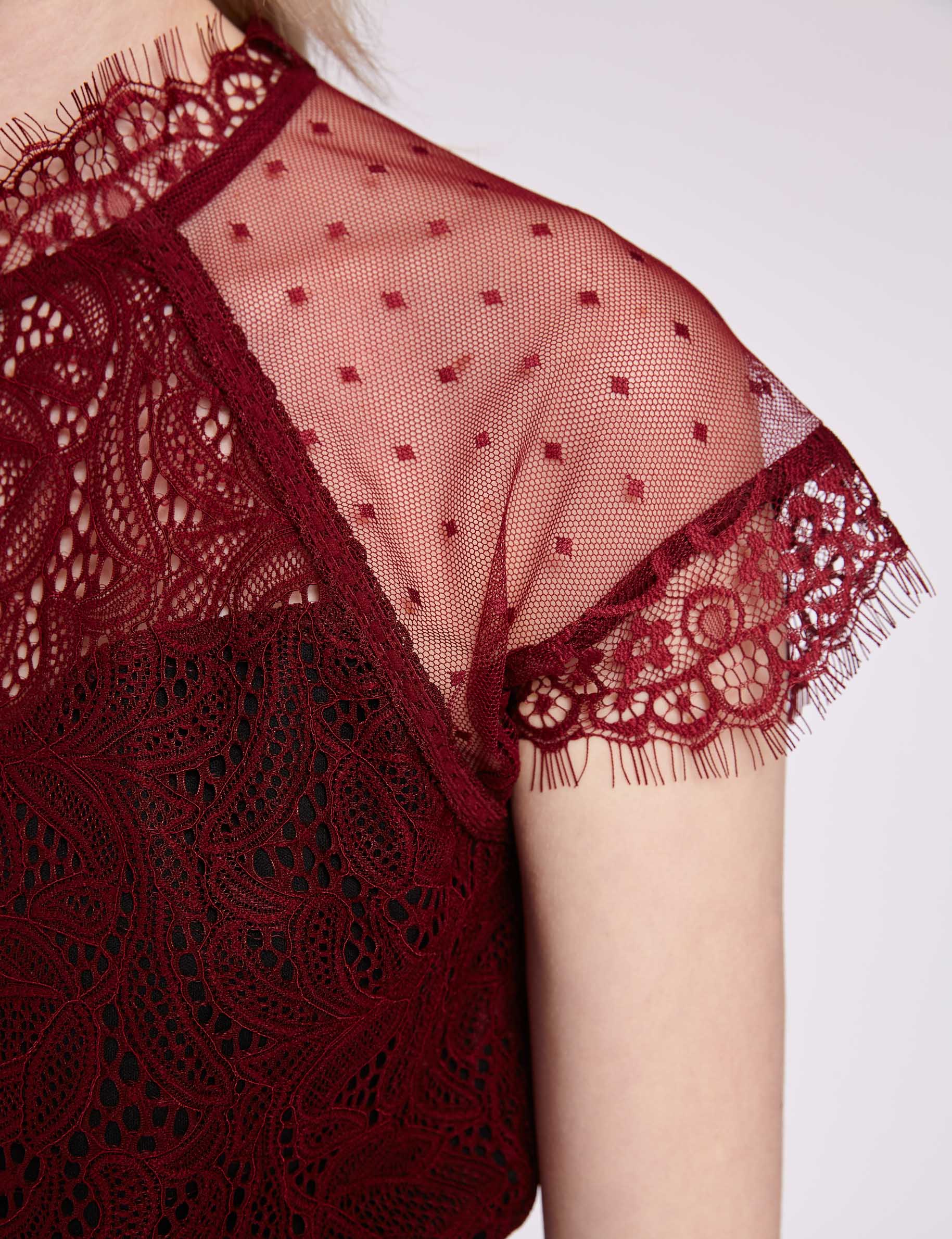 Dobby spot and lace blouse burgundy ladies'