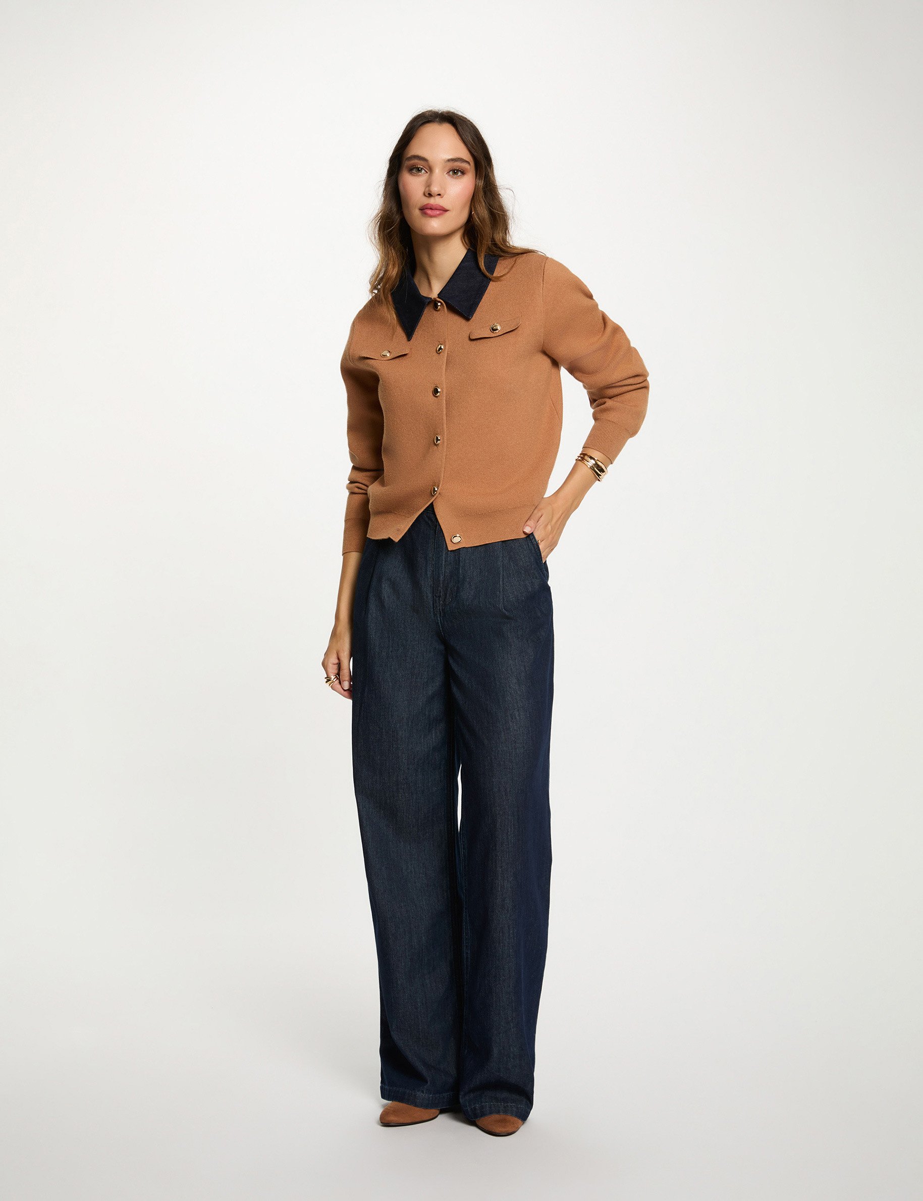Short cardigan with lapel collar beige women