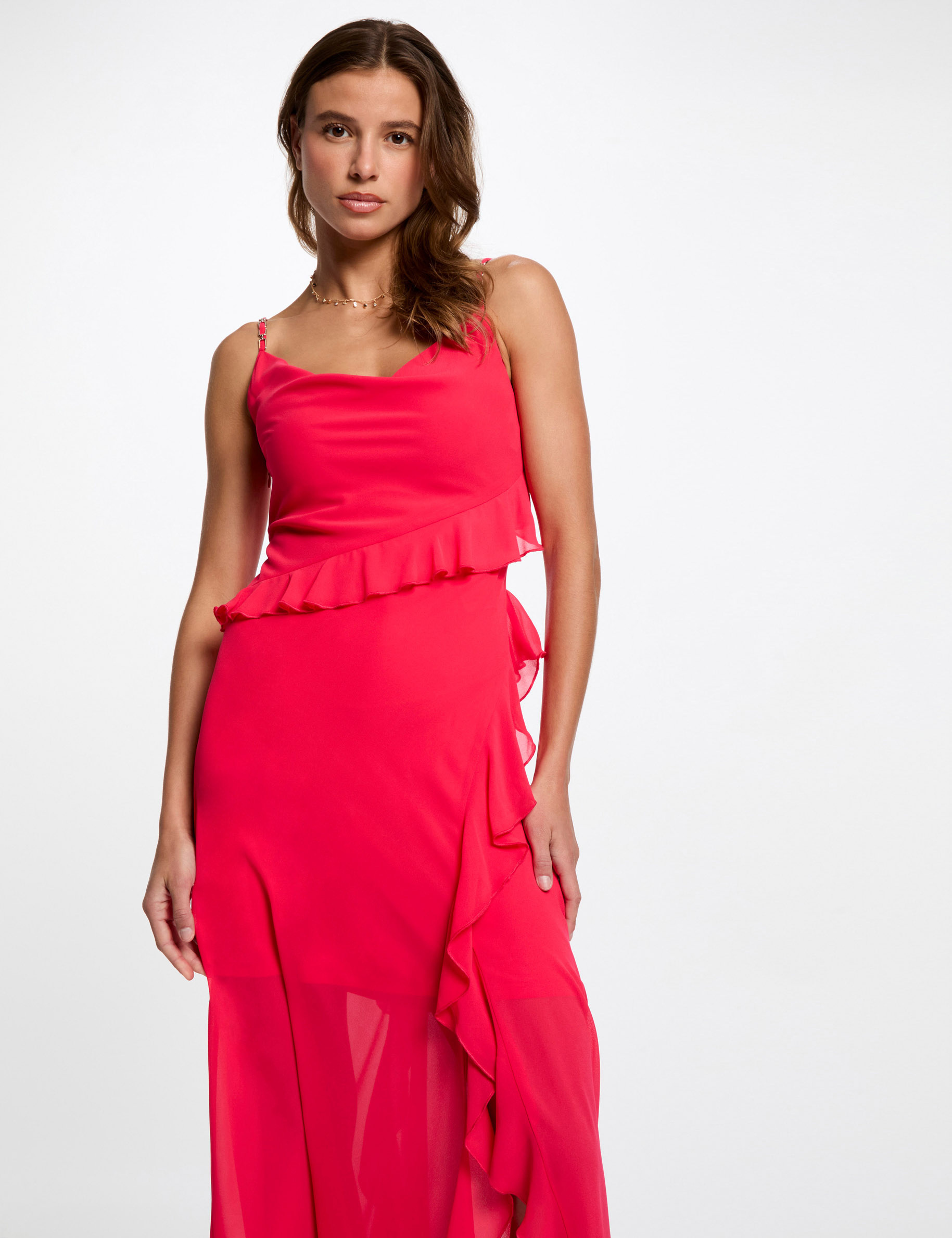 robe midi ajustee volants rose fushia femme Robe midi ajustée volants rose fushia femme