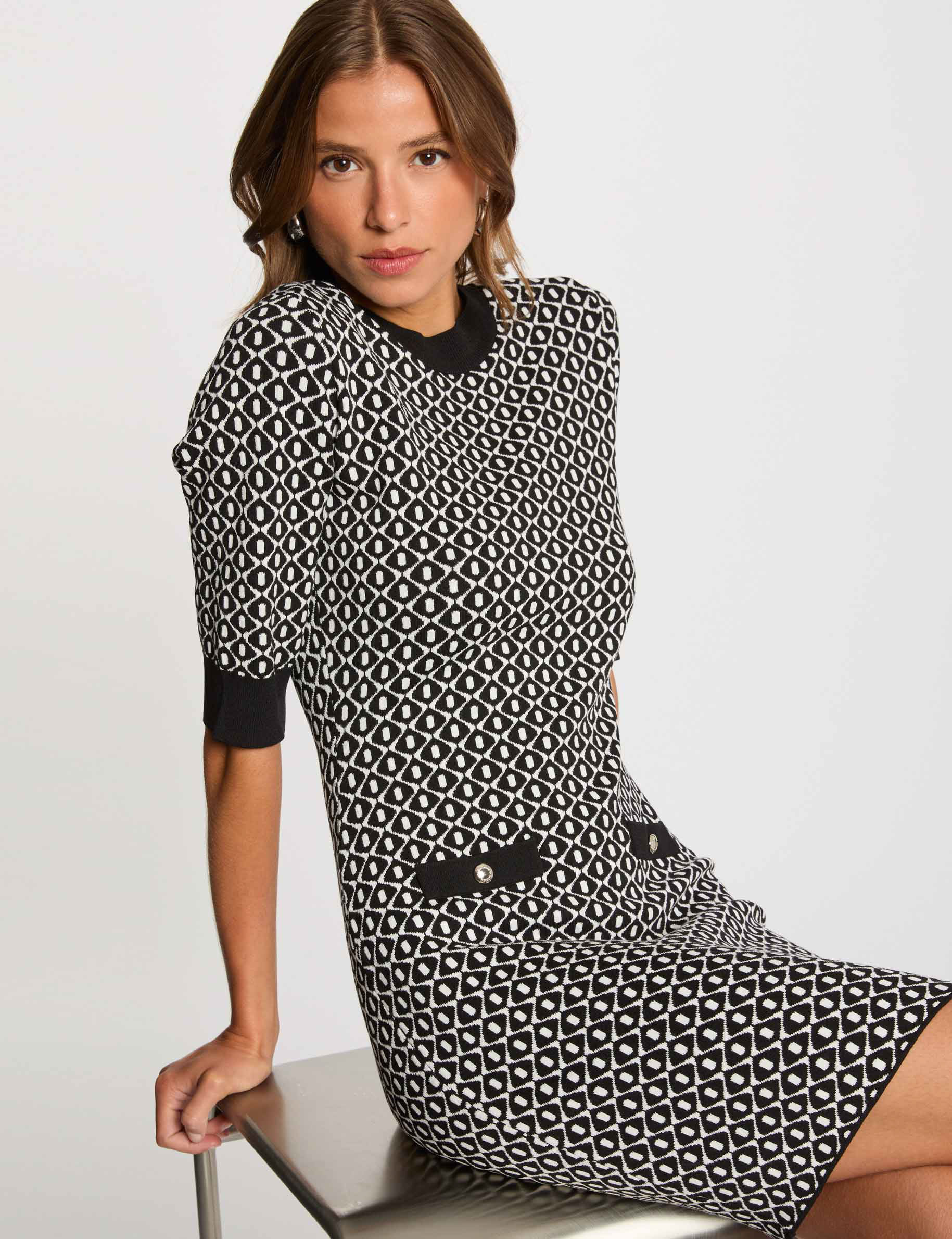 Robe tricot ajustée imprimée noir femme