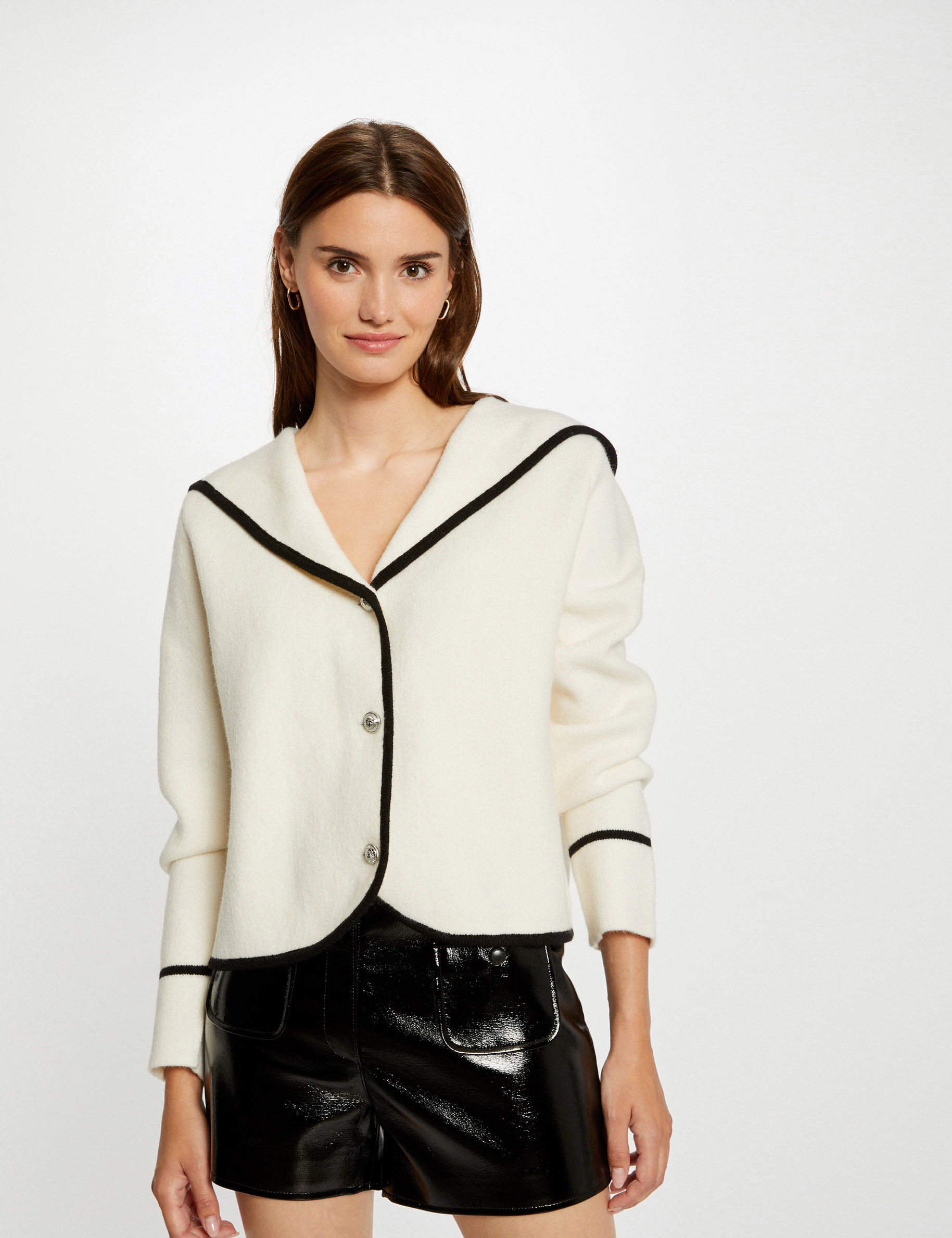Short buttoned cardigan with hood ecru ladies'