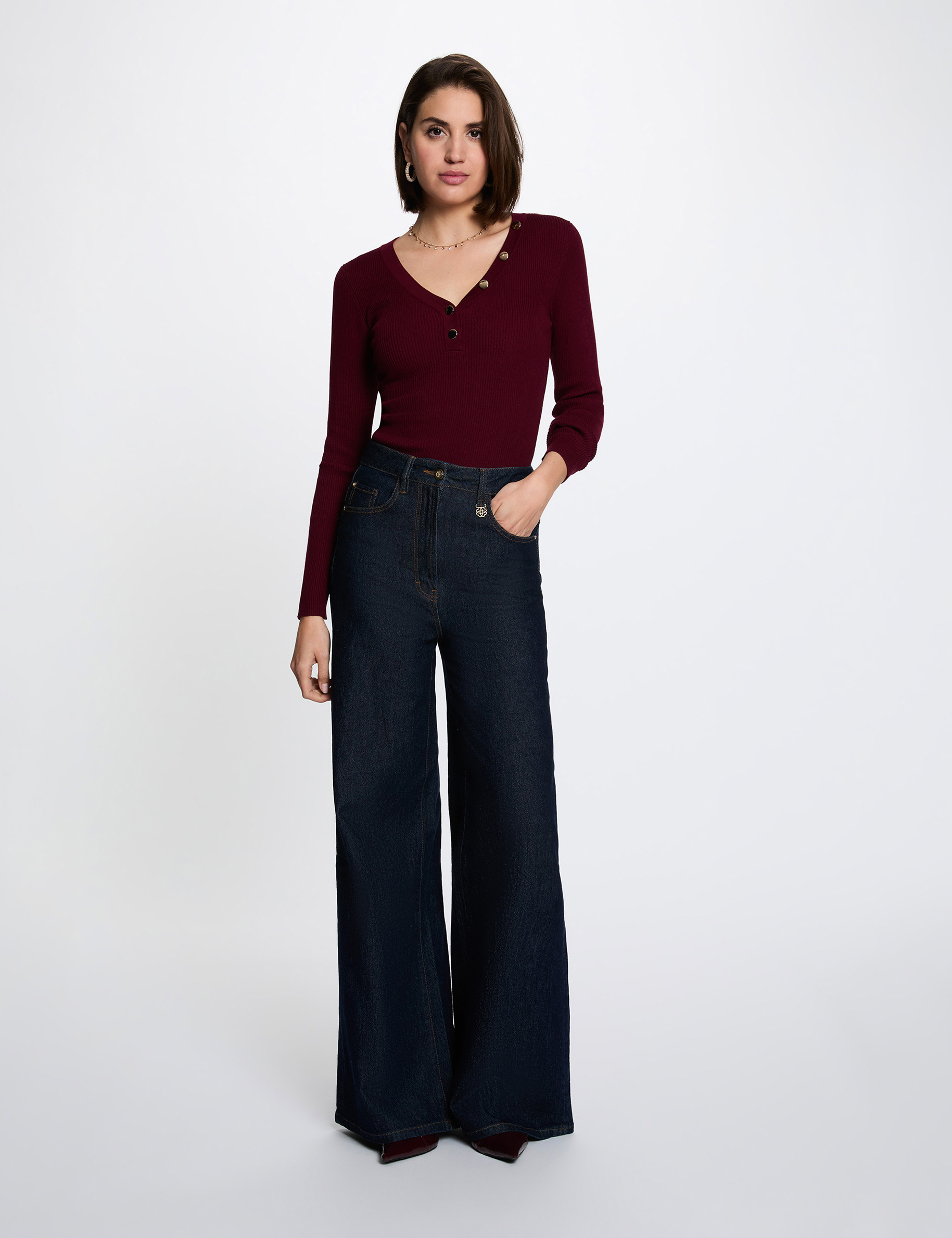 Fitted V-neck sweater bordeaux women
