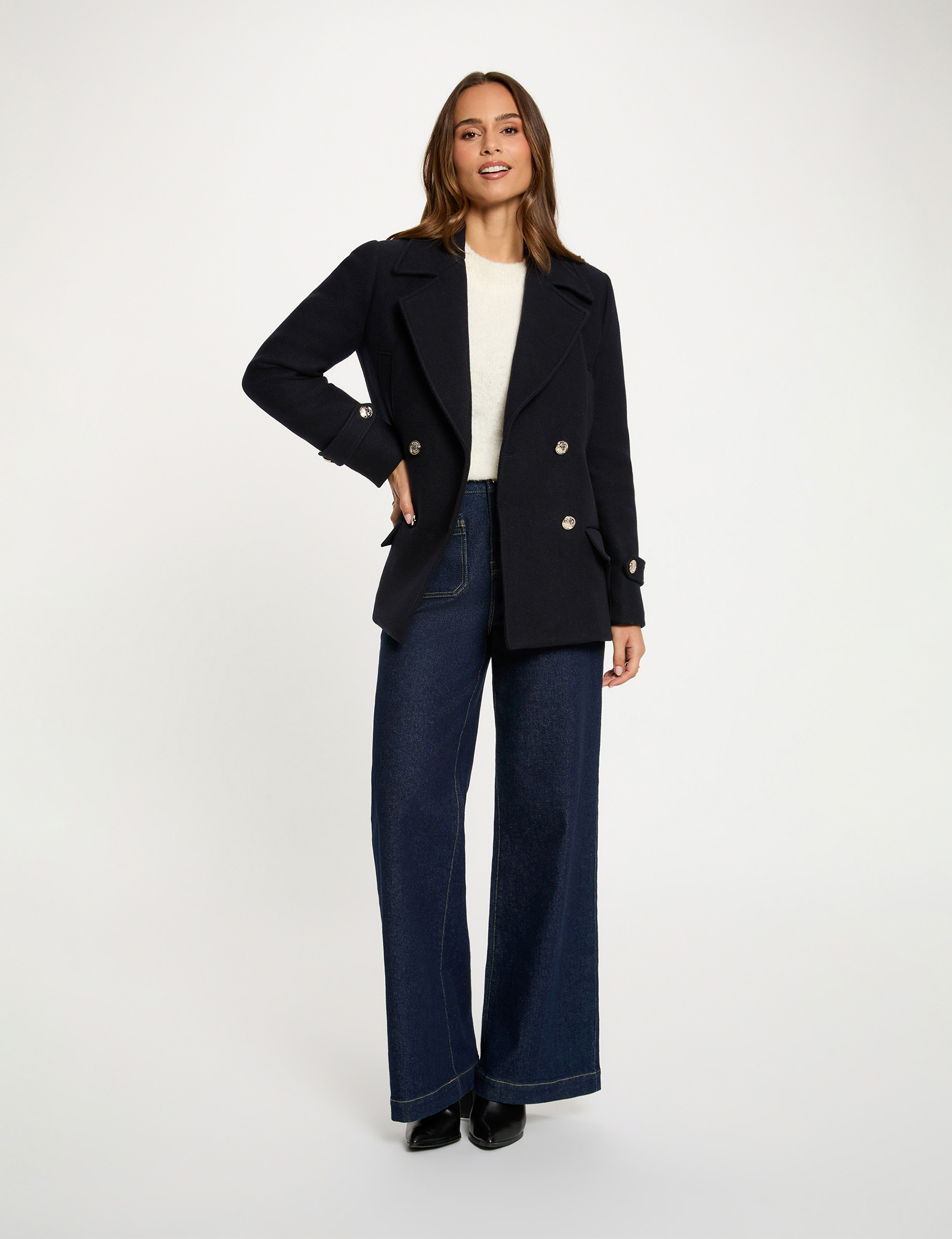 Straight coat with tailored collar navy blue women