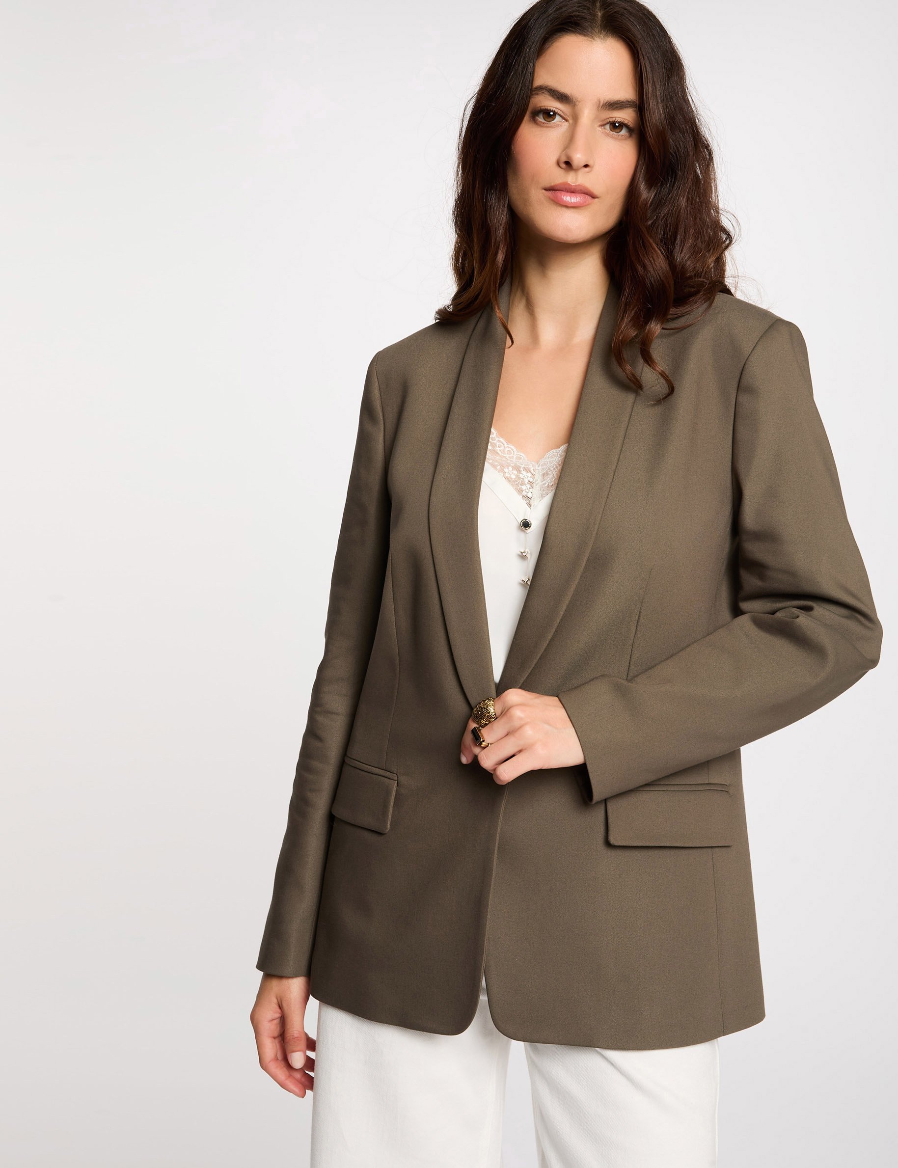 short jacket shawl collar khaki green women Short jacket shawl collar khaki green women