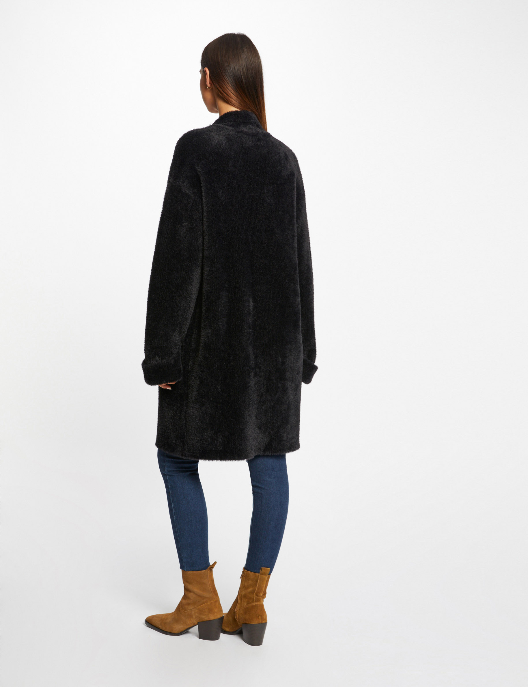 Long straight cardigan fluffy knit black ladies'