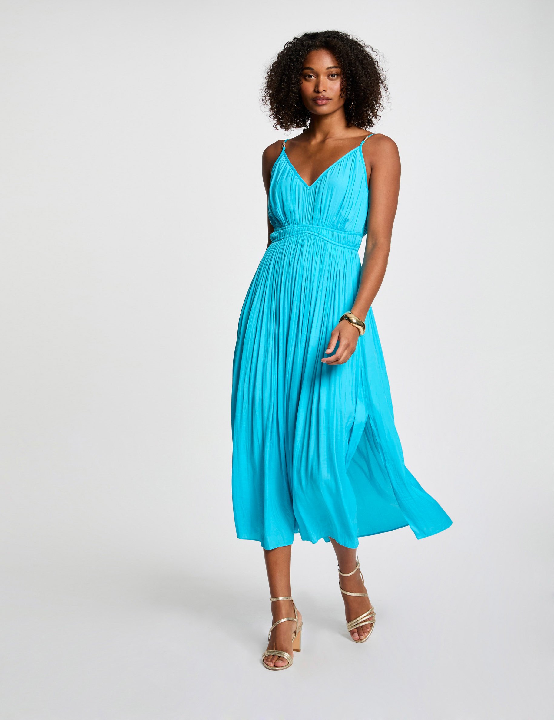 Pleated straight midi dress sky blue women