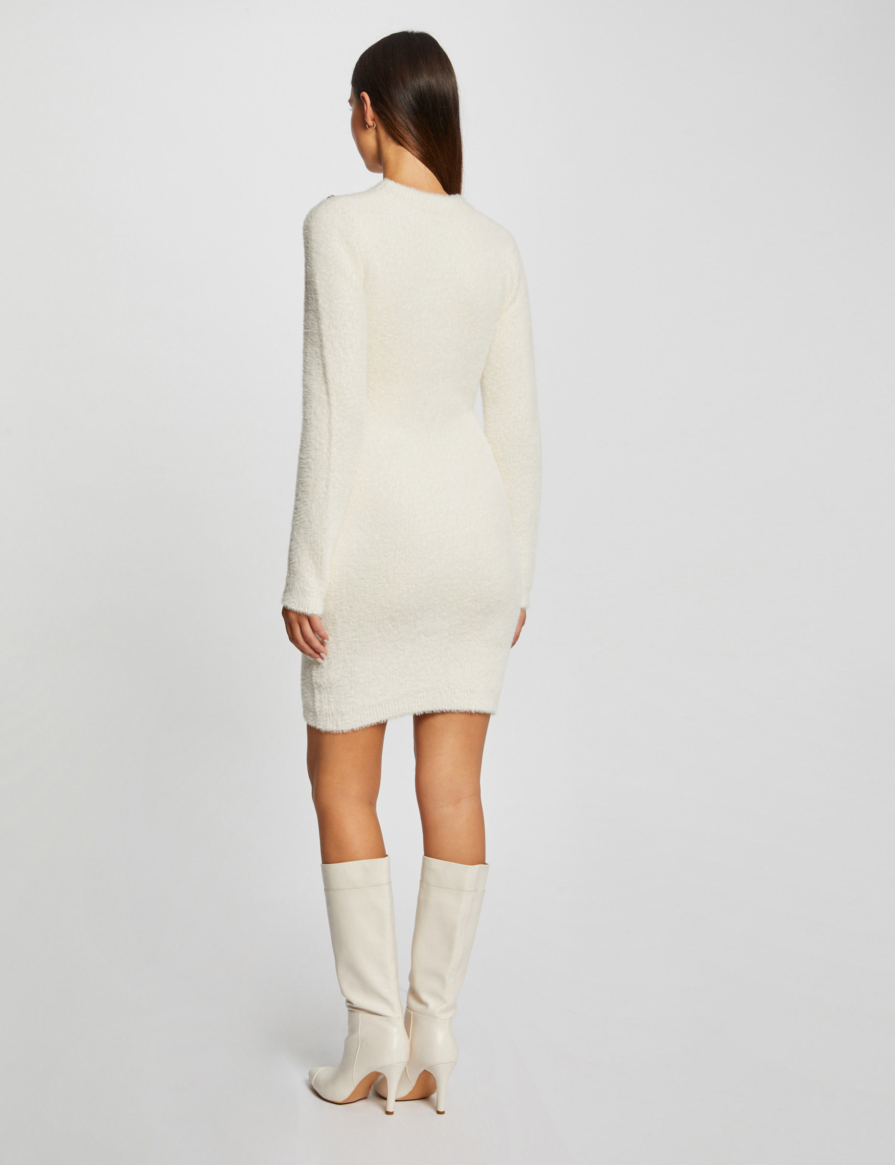Fitted jumper dress fluffy knit ivory ladies