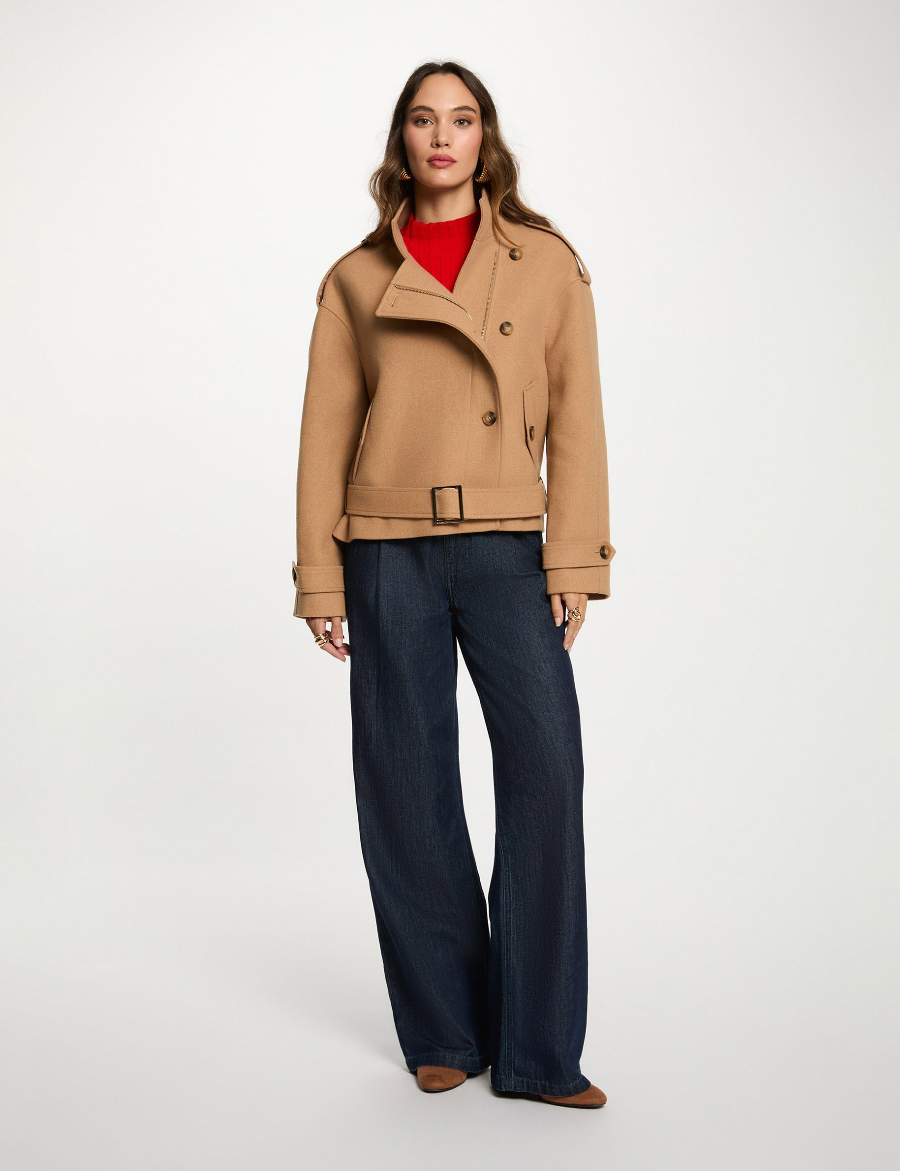 Oversized short coat beige women