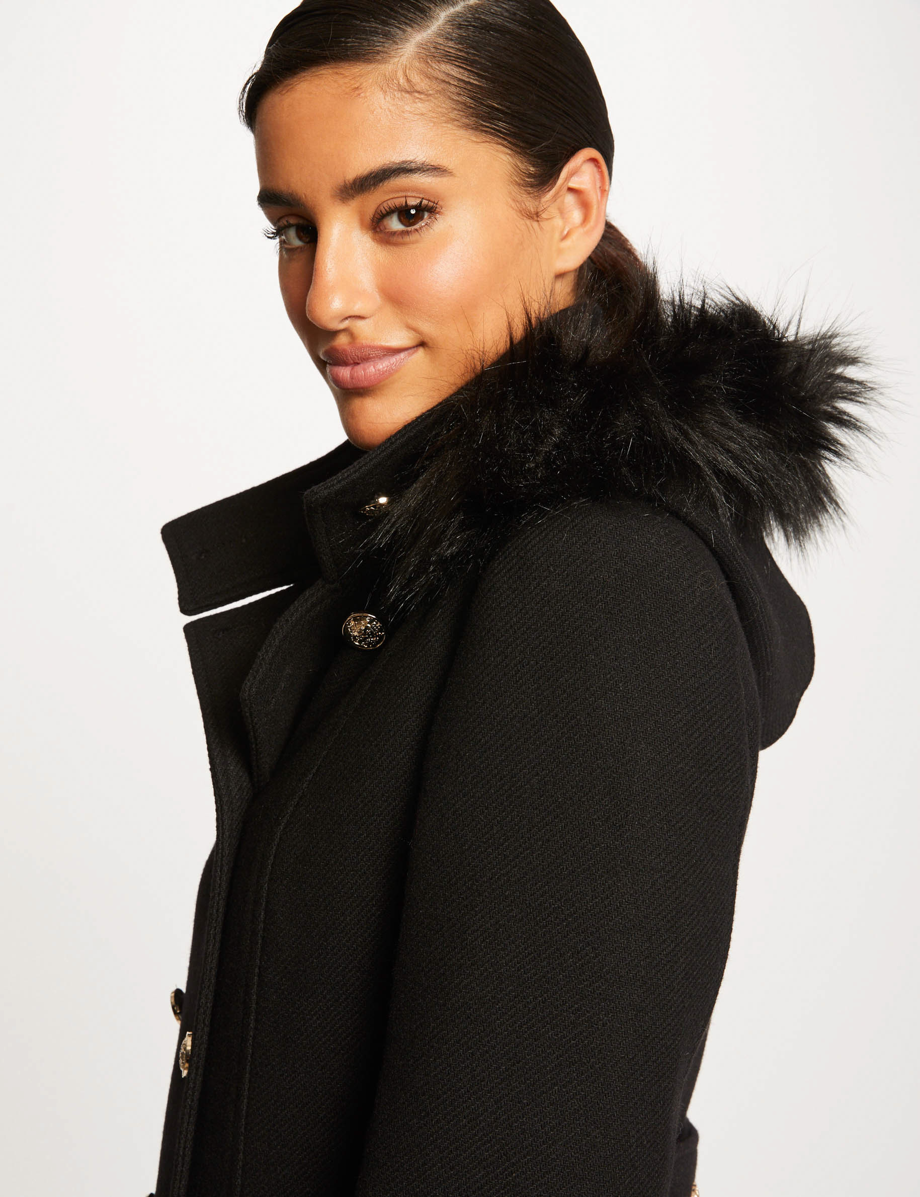 Loose buttoned coat with hood black ladies'