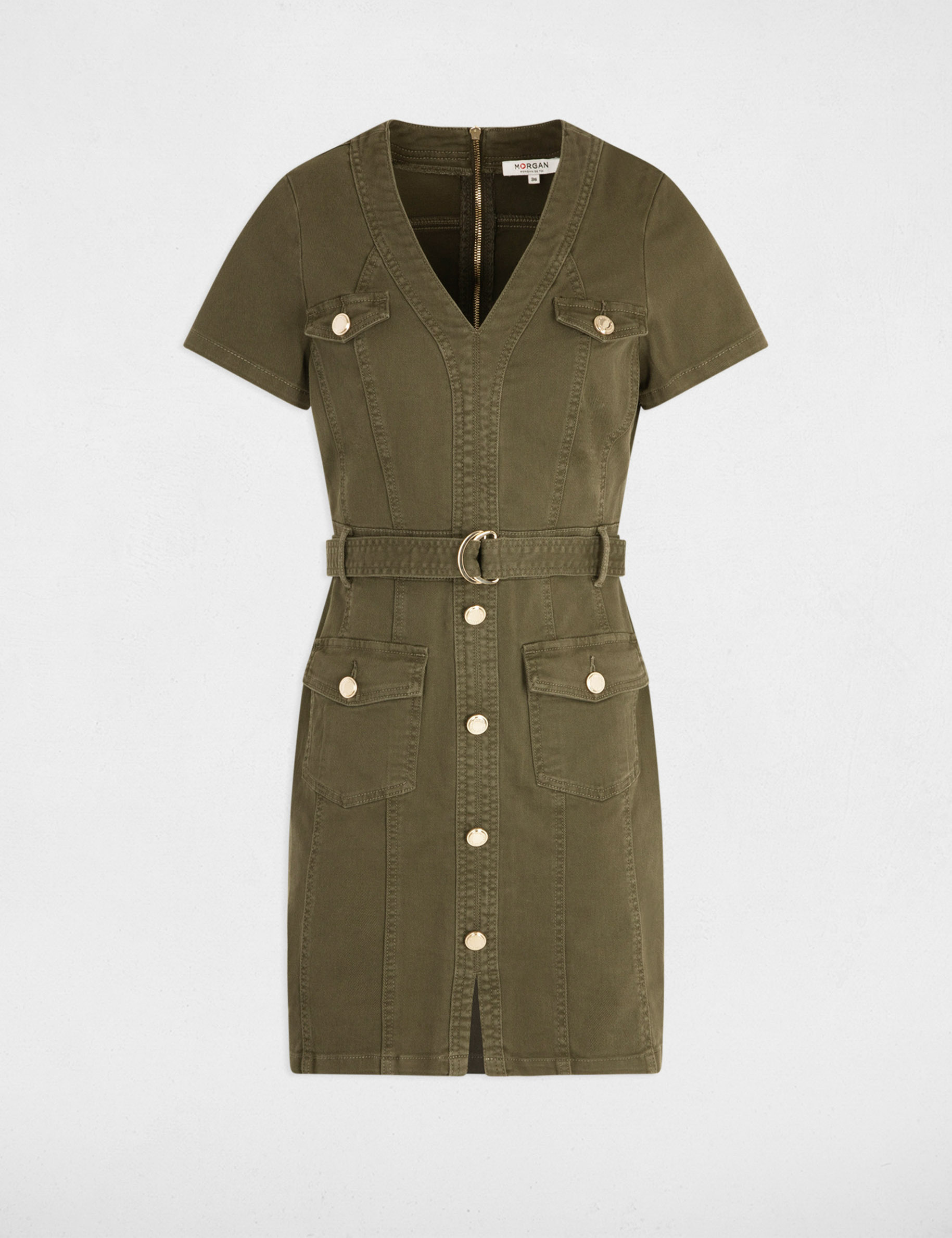 Short fitted denim dress khaki green women Morgan