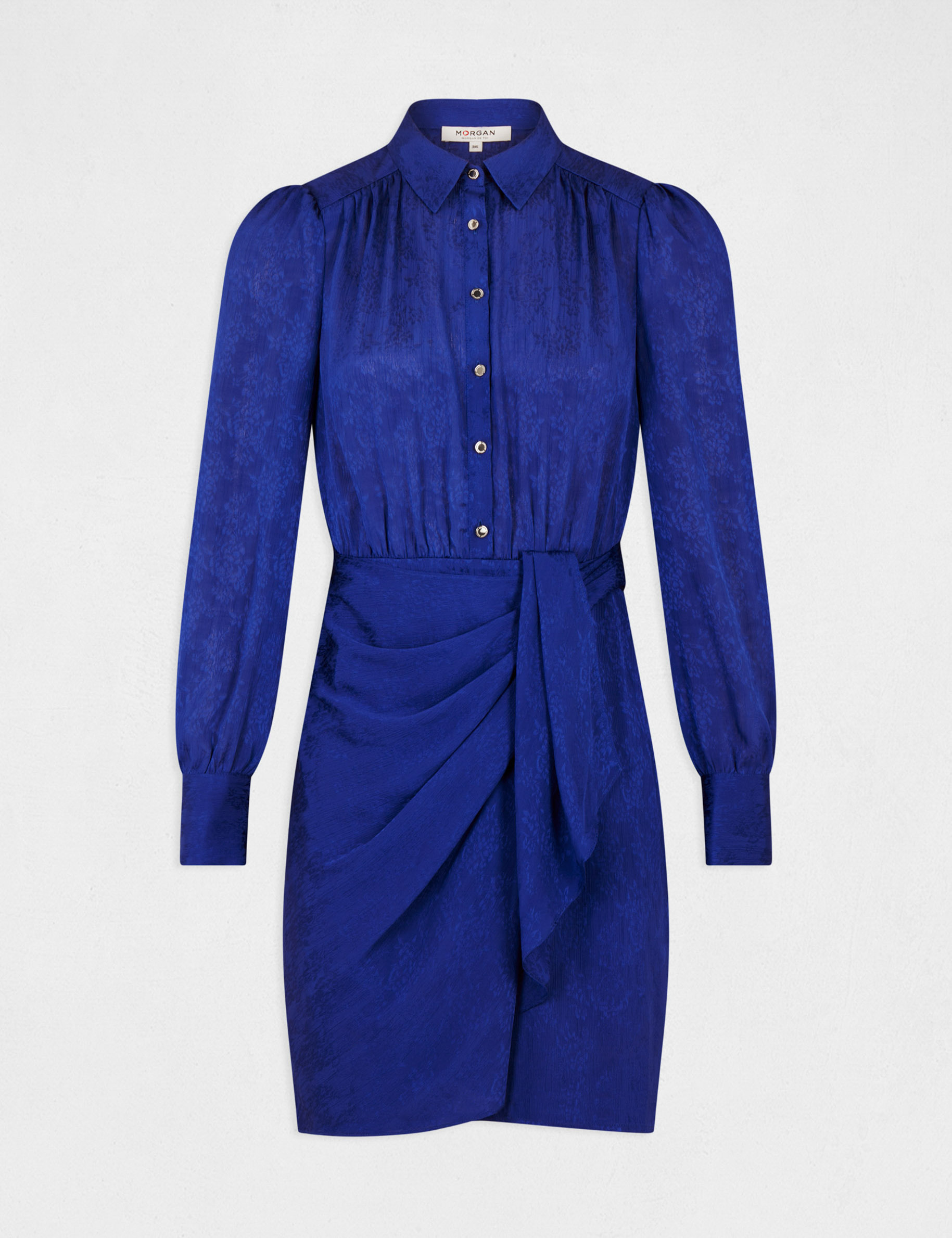 Printed satin draped straight dress electric blue ladies' Printed satin draped straight dress electric blue ladies'