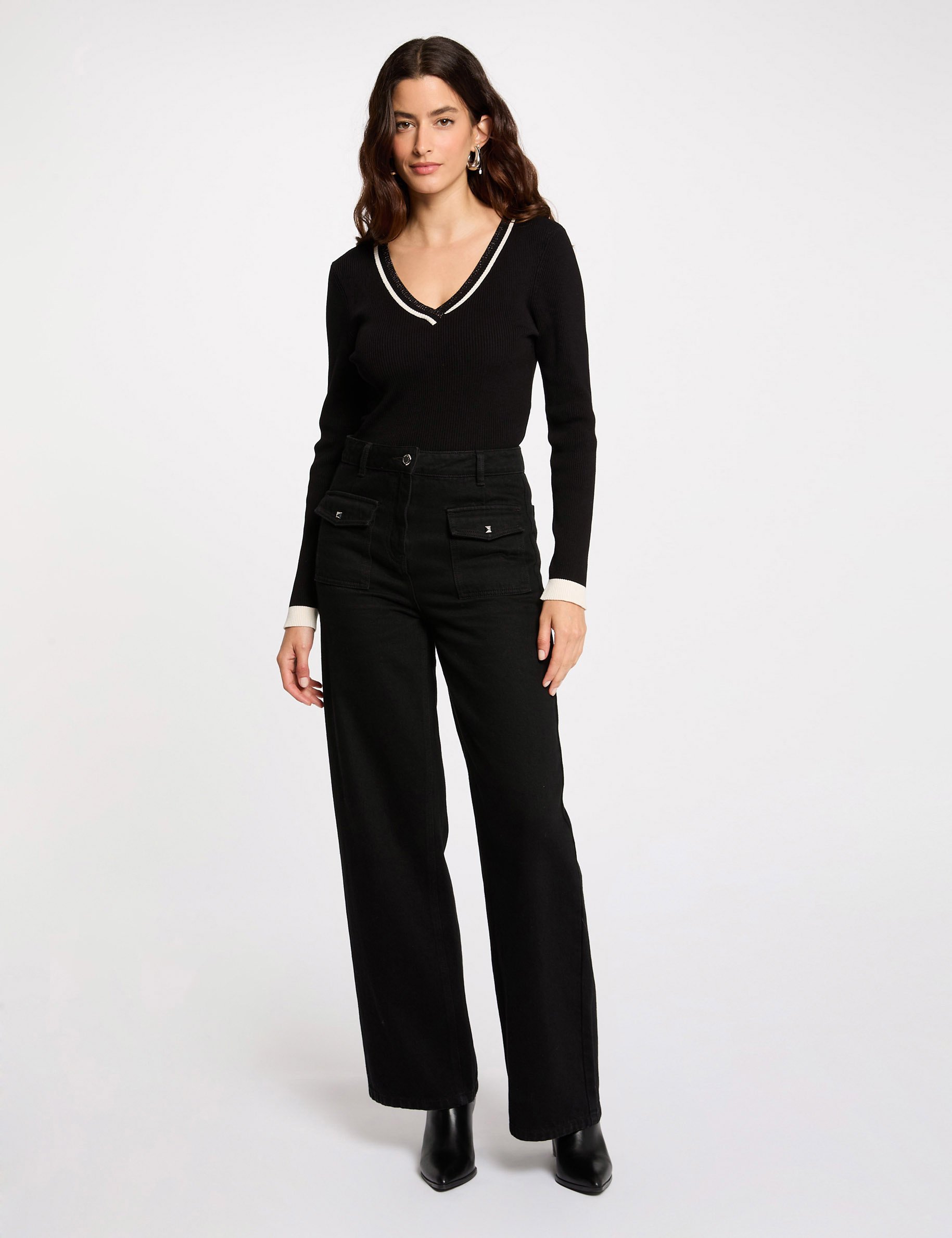pull manches longues col en v noir femme Pull manches longues col en V noir femme