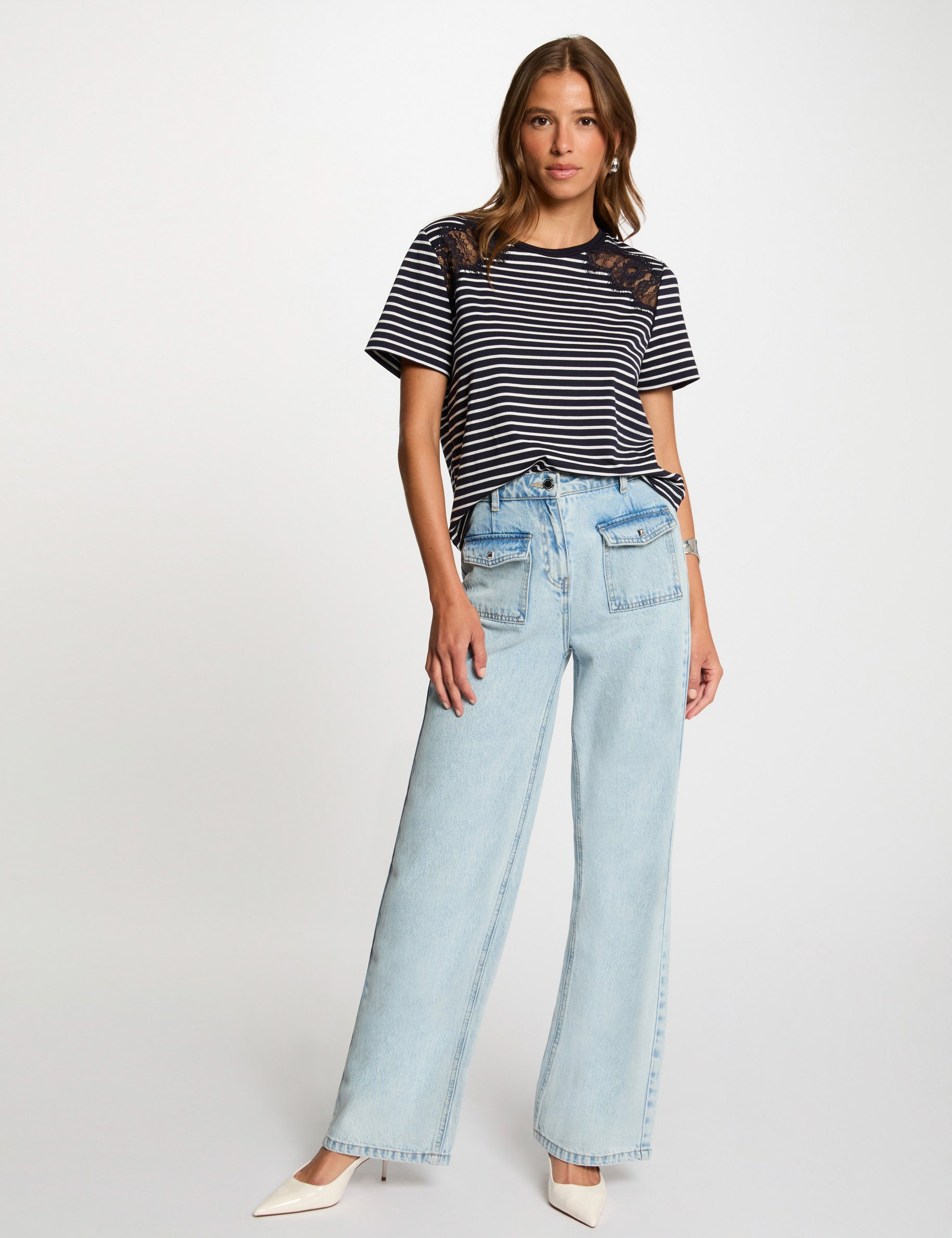 Striped short-sleeved t-shirt navy blue women