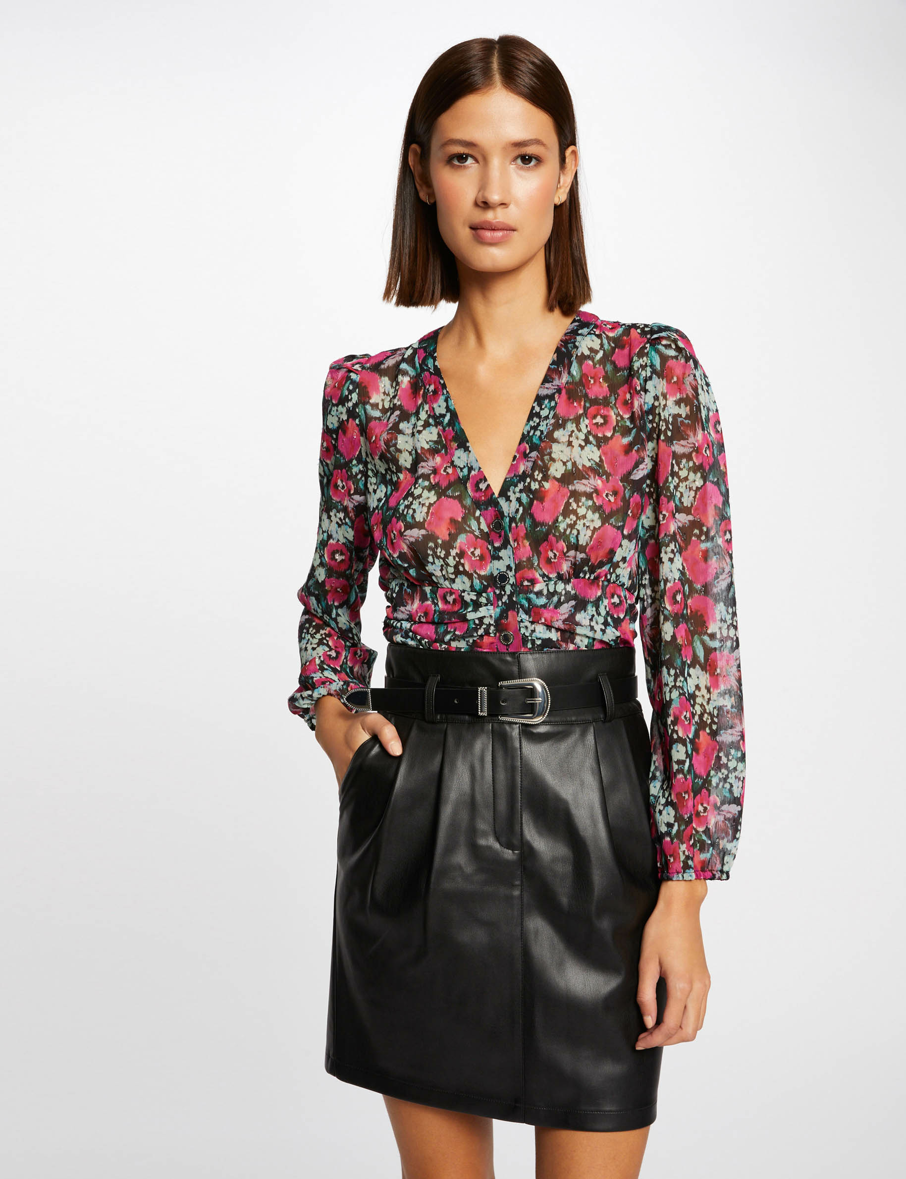 Straight belted skirt in faux leather black ladies' Straight belted skirt in faux leather black ladies'