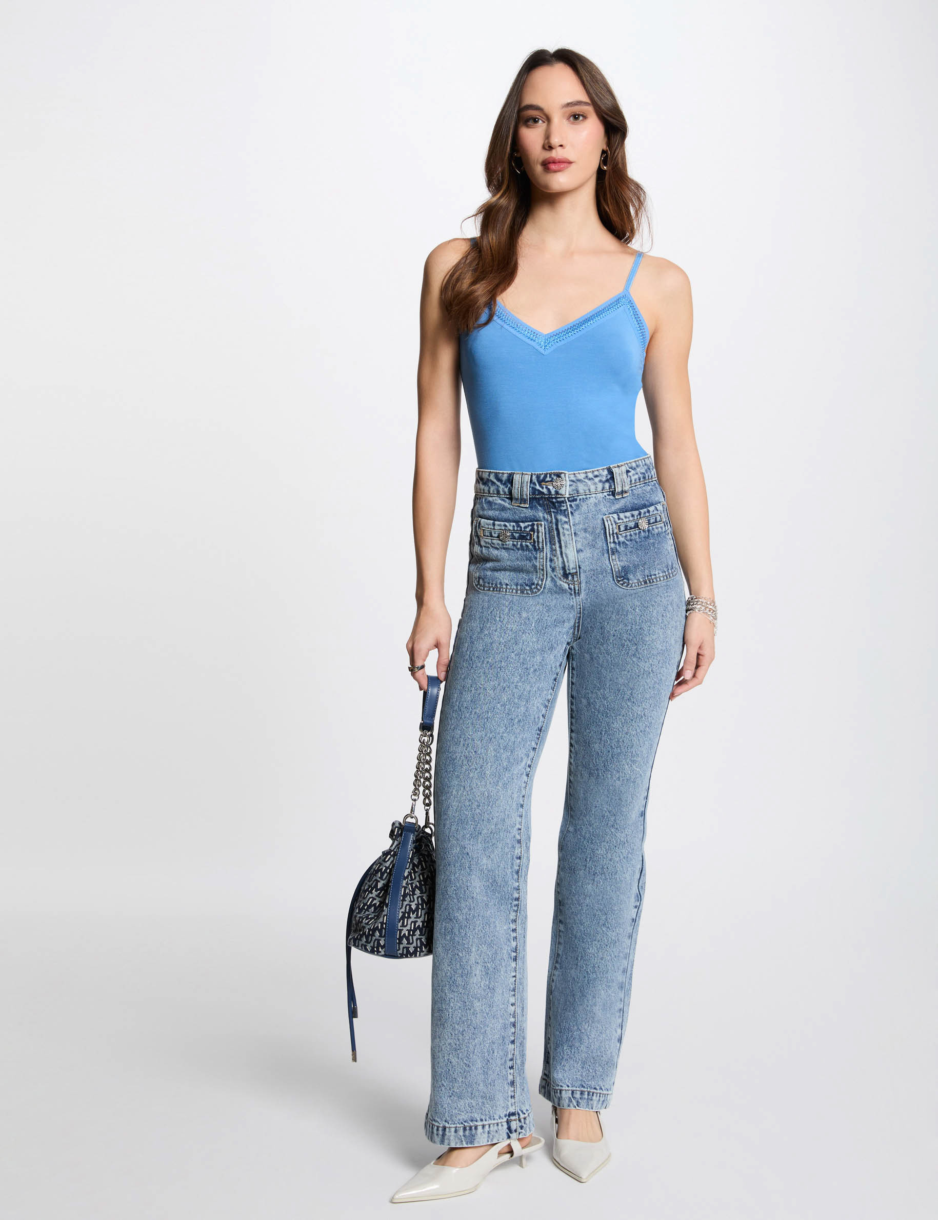vest top thin straps with lace strips blue women Vest top thin straps with lace strips blue women