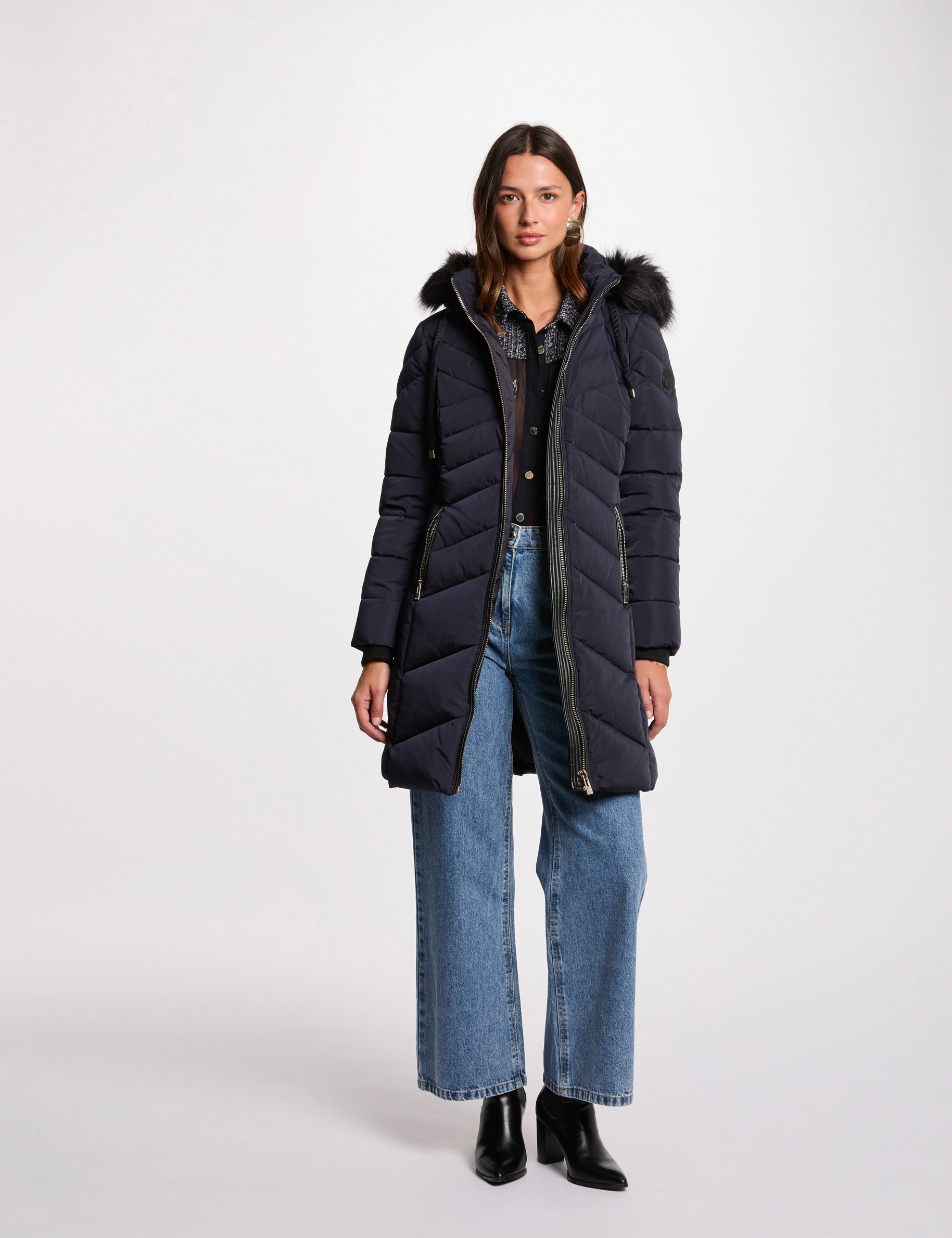 Long hooded puffer jacket navy blue women