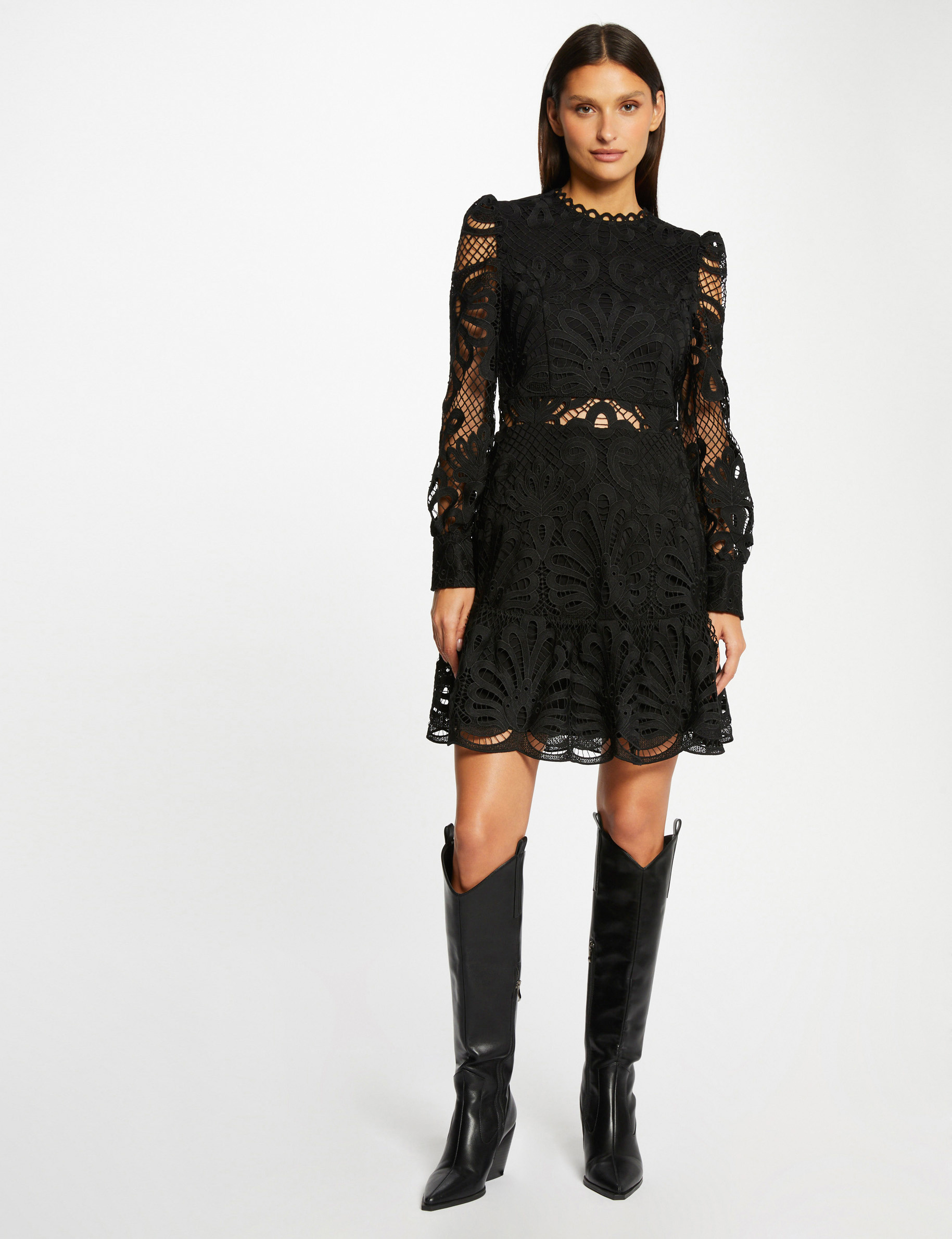 A-line dress in lace with ruffles black ladies'