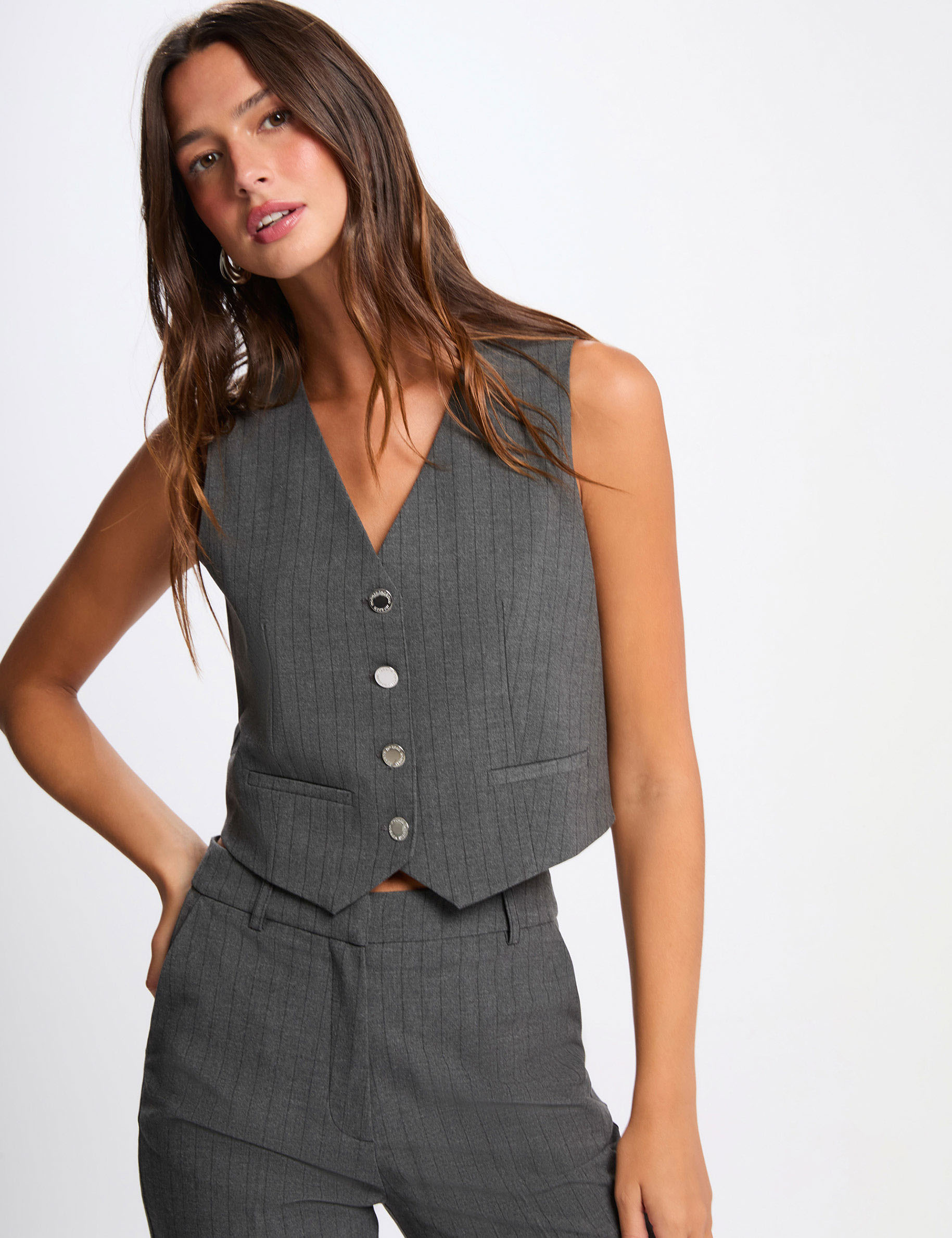 Striped sleeveless cardigan mid-grey women