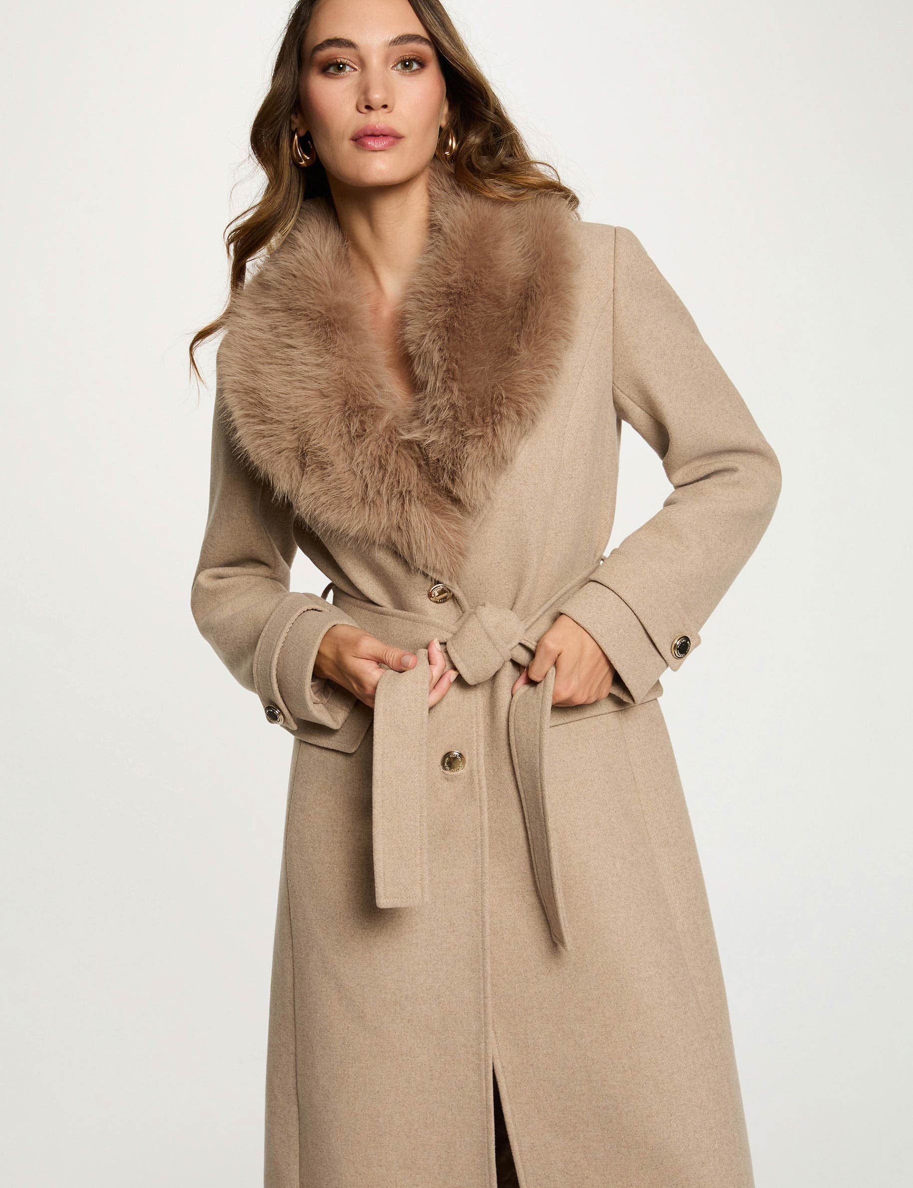Long belted coat beige women