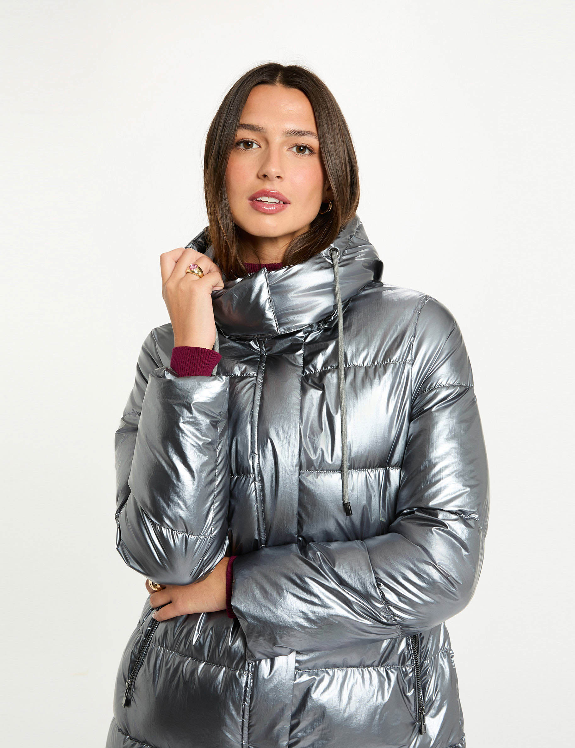shiny long puffer jacket silver color women Shiny long puffer jacket silver color women