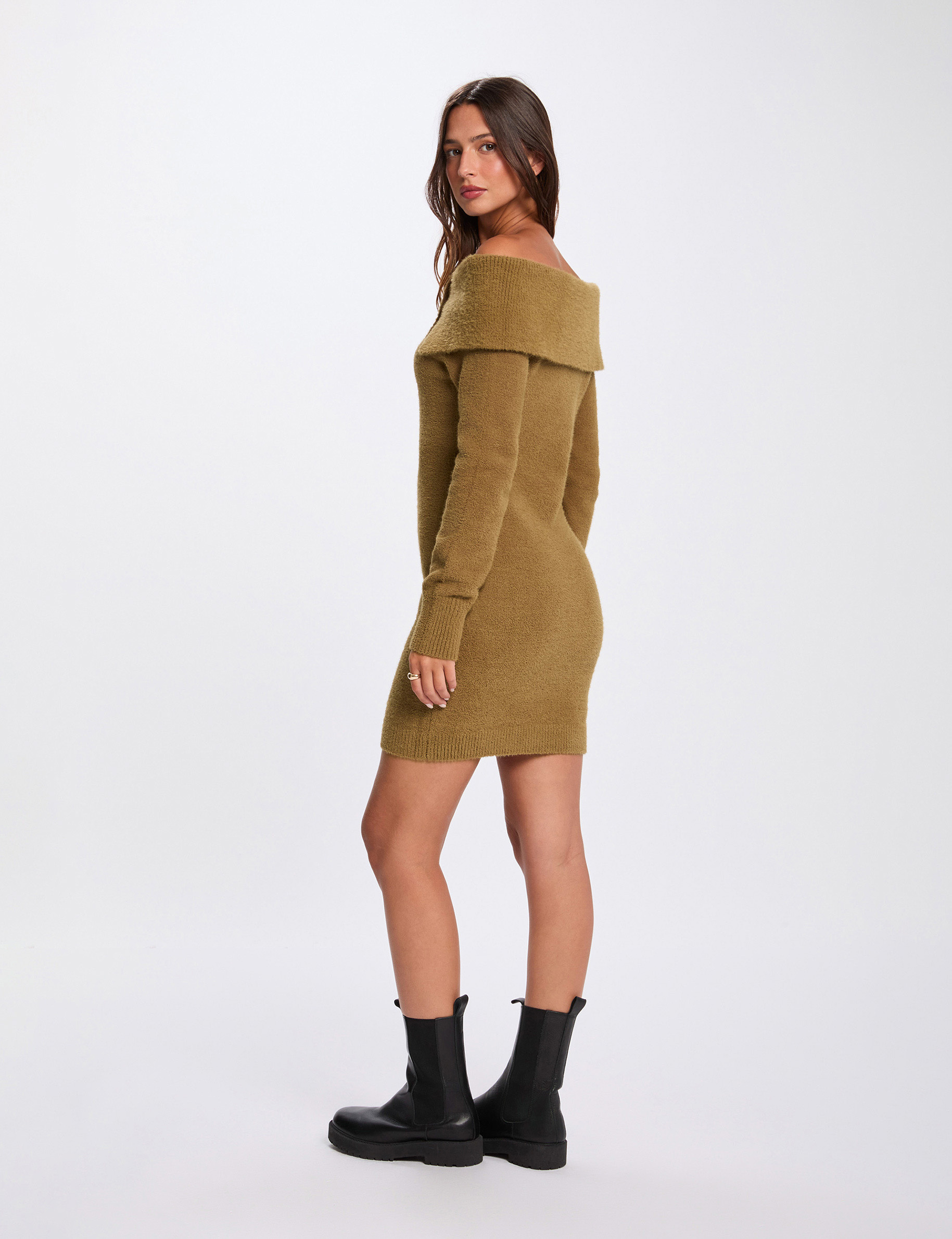 short off the shoulder dress camel women Short off-the-shoulder dress camel women