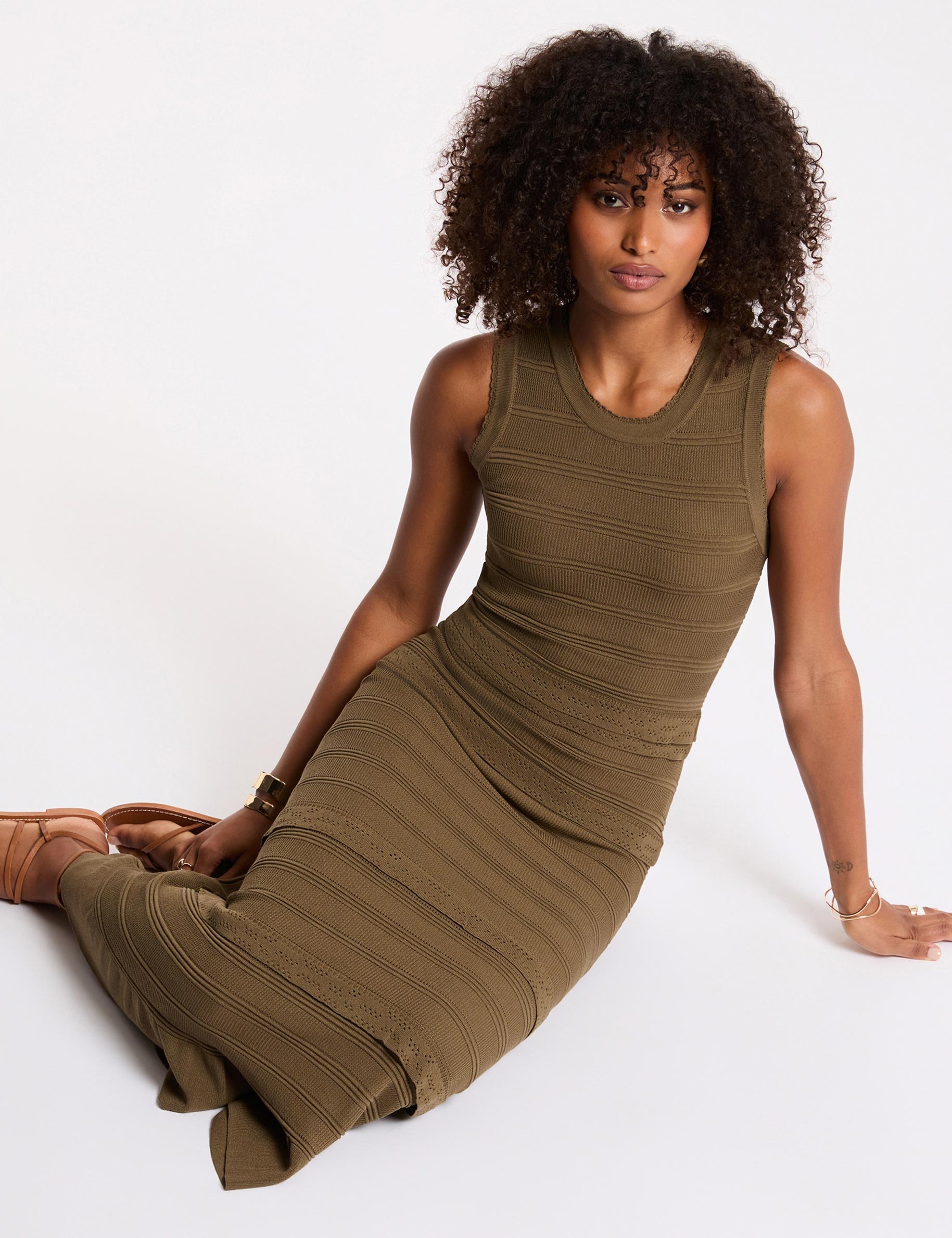 Long fitted knit dress khaki green women