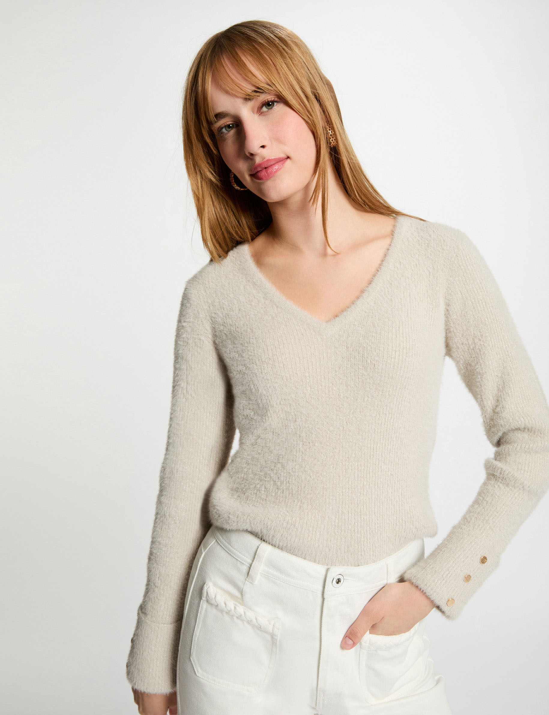 pull manches longues avec col en v sable femme Pull manches longues avec col en V sable femme