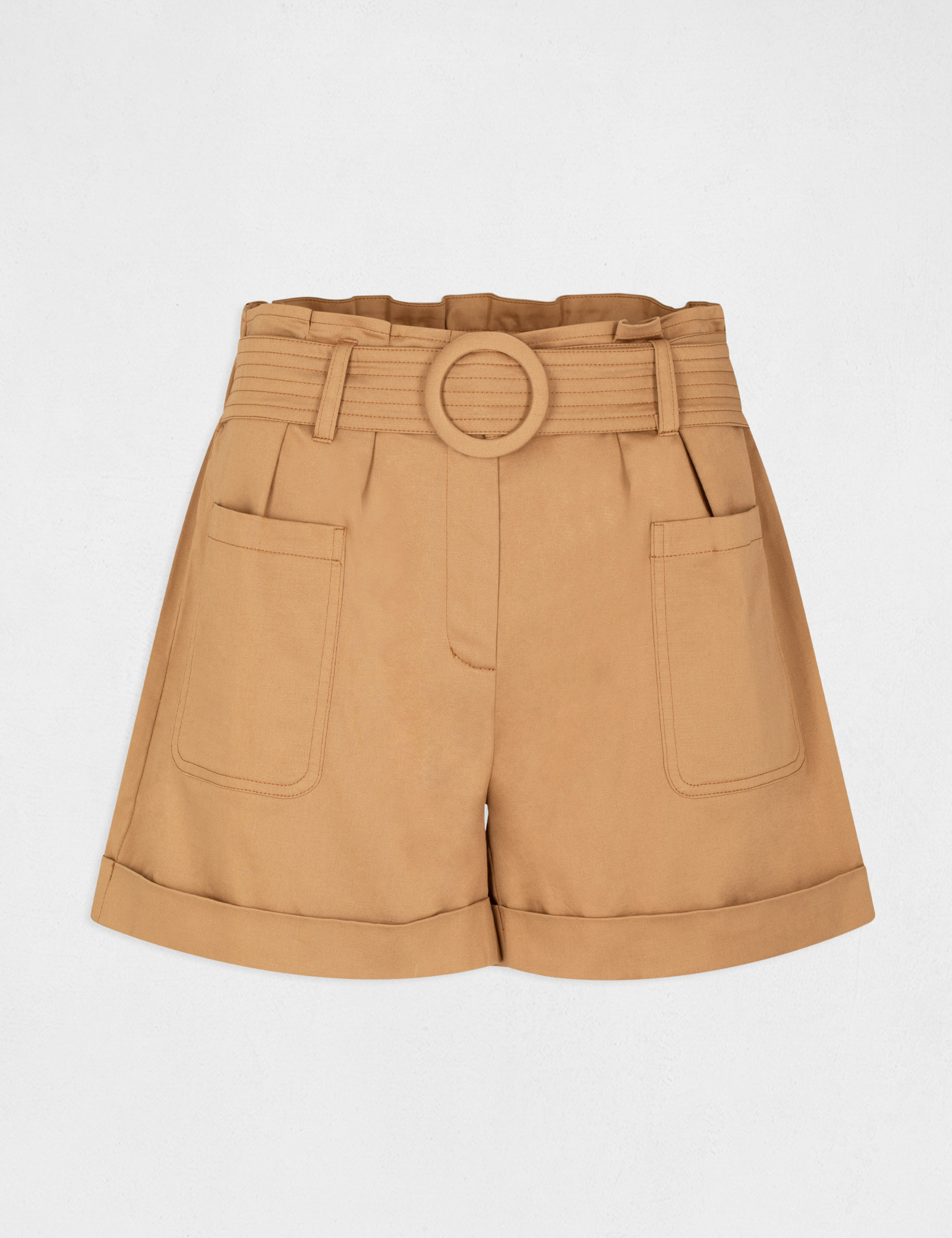 High-waisted straight belted shorts caramel ladies'