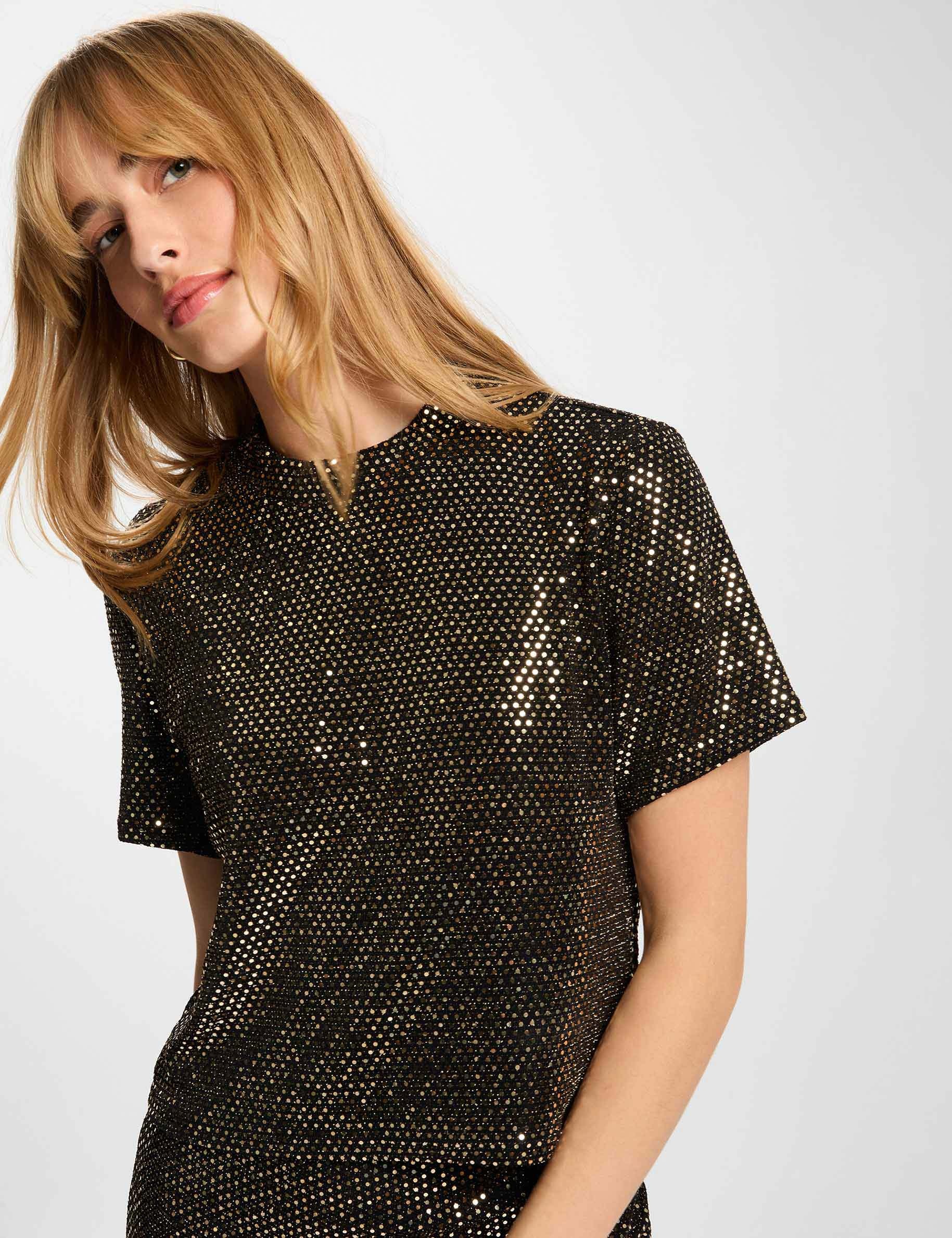 High neck sequin t-shirt gold yellow women