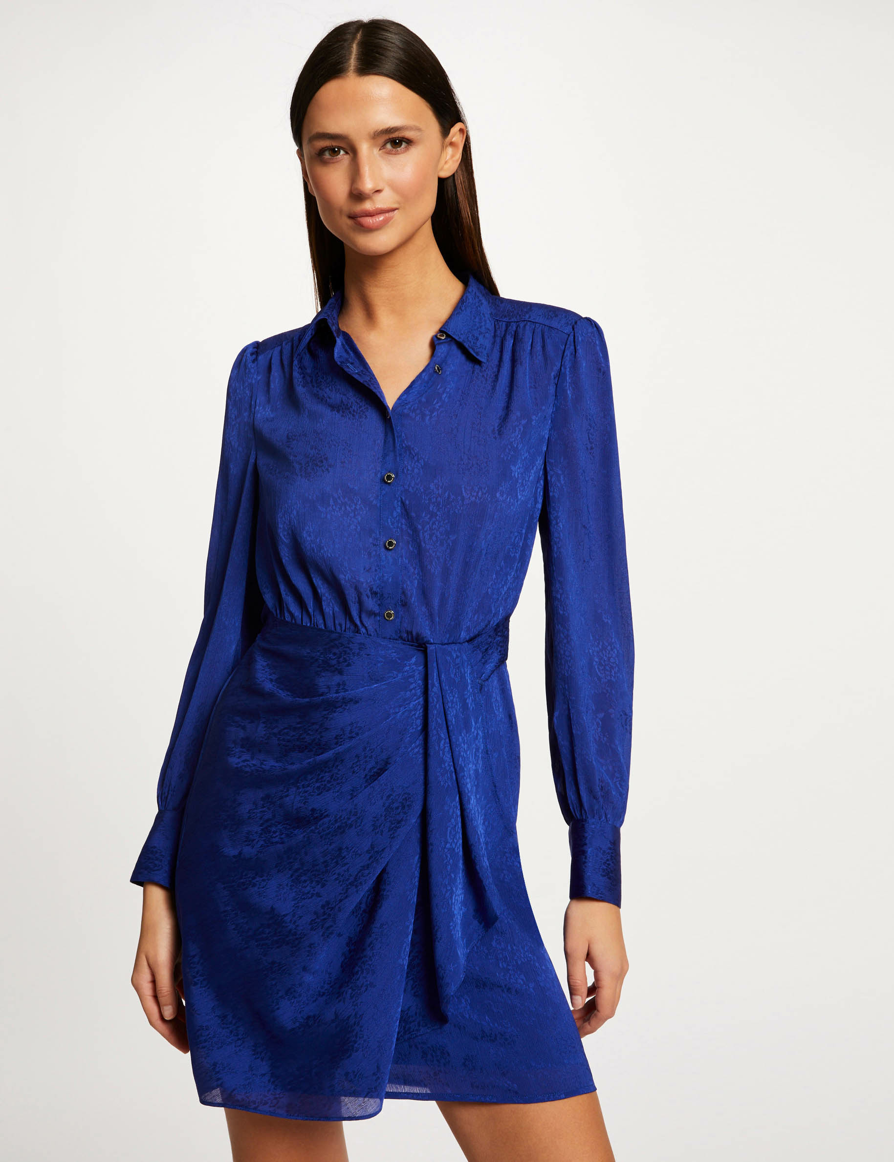 Printed satin draped straight dress electric blue ladies' Printed satin draped straight dress electric blue ladies'