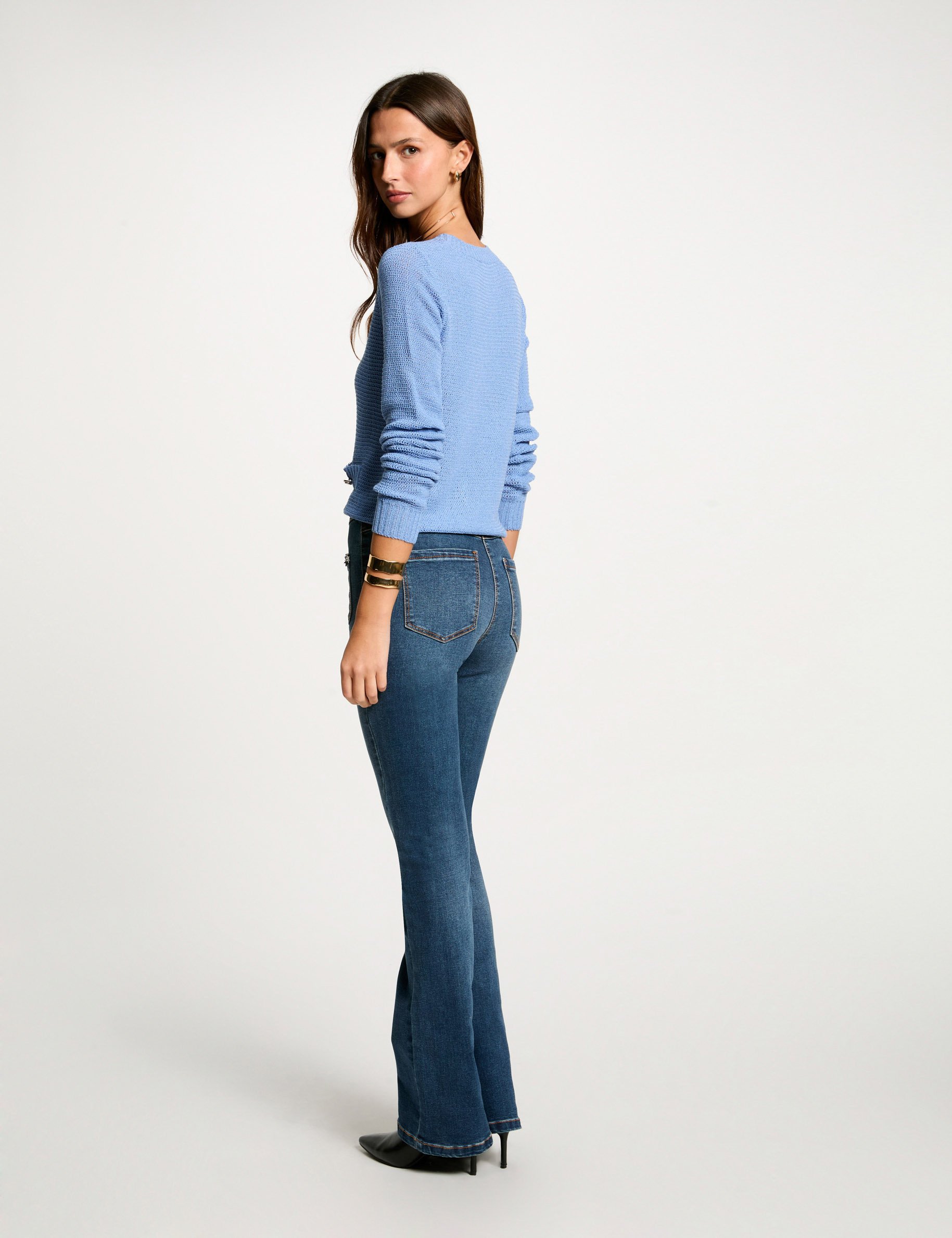 jumper openwork and round neck grey denim women Jumper openwork and round neck grey denim women