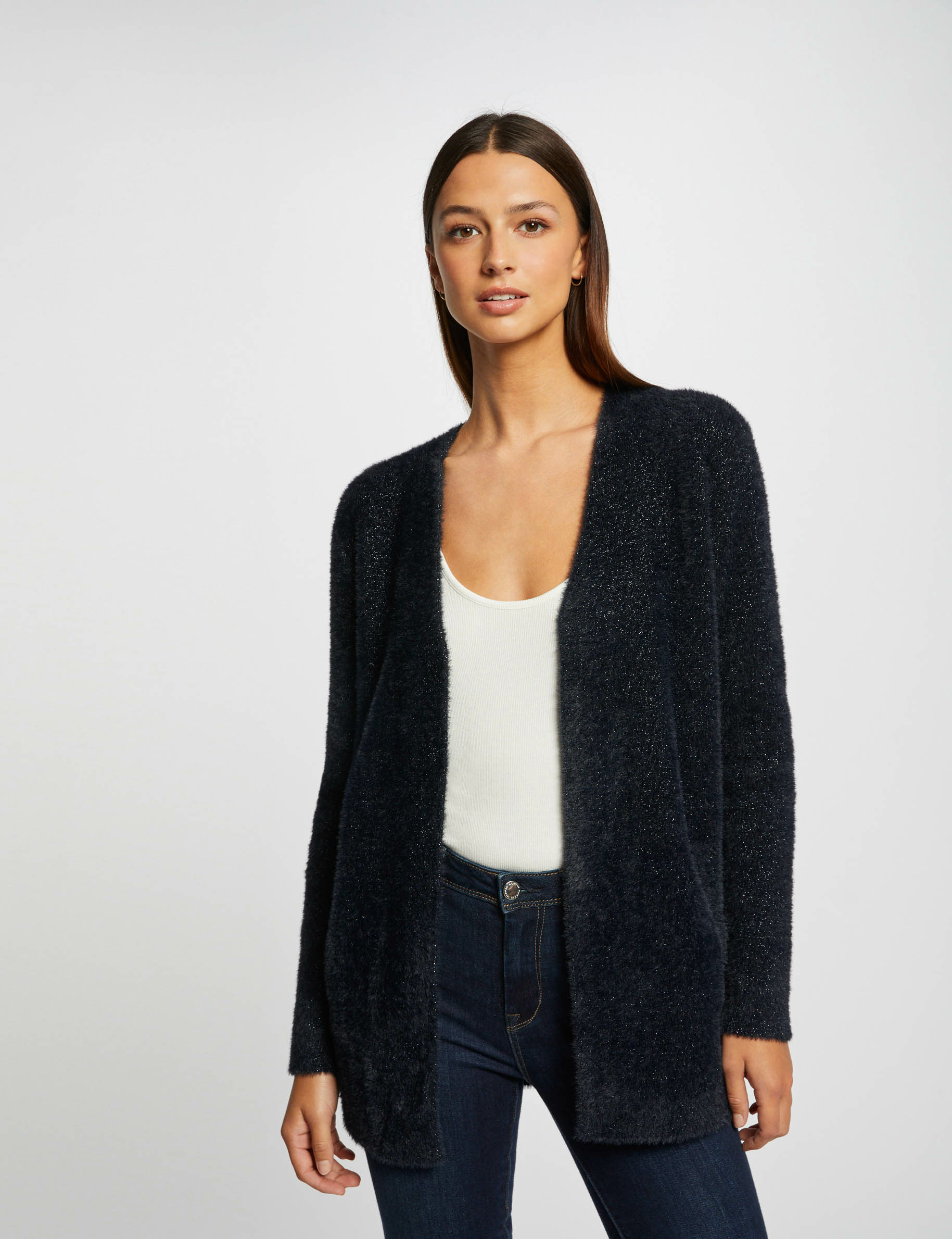 Straight cardigan metallised threads navy ladies'
