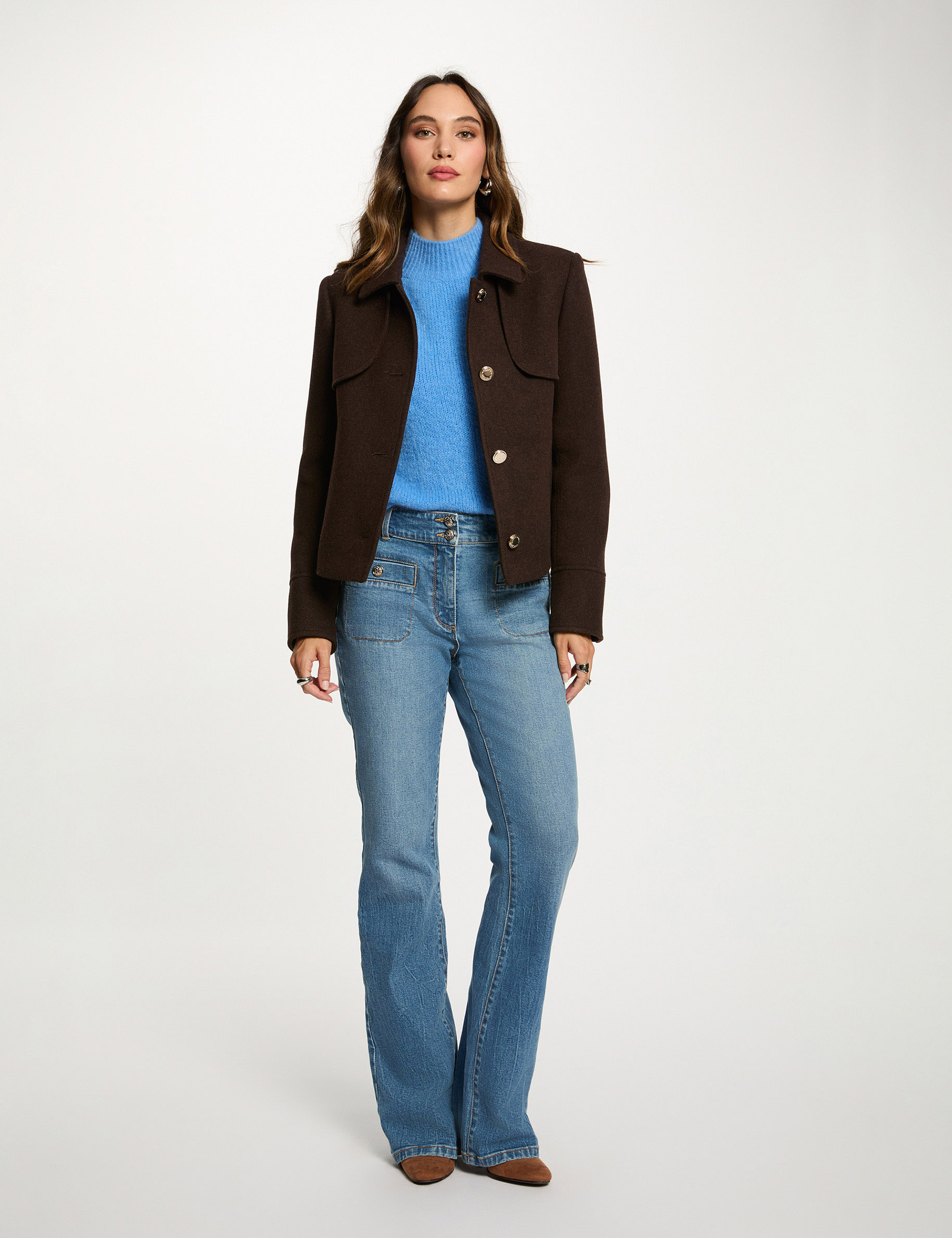 short buttoned coat dark brown women Short buttoned coat dark brown women