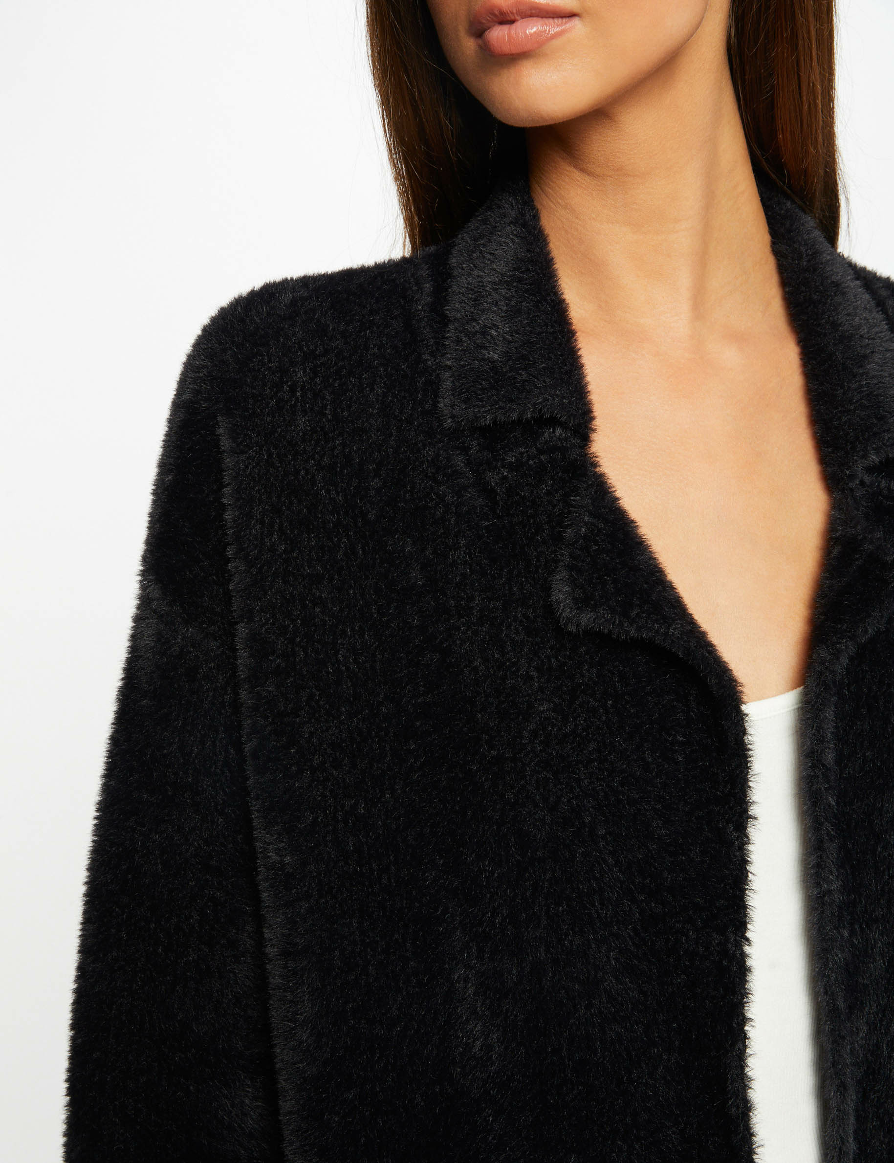 Long straight cardigan fluffy knit black ladies'