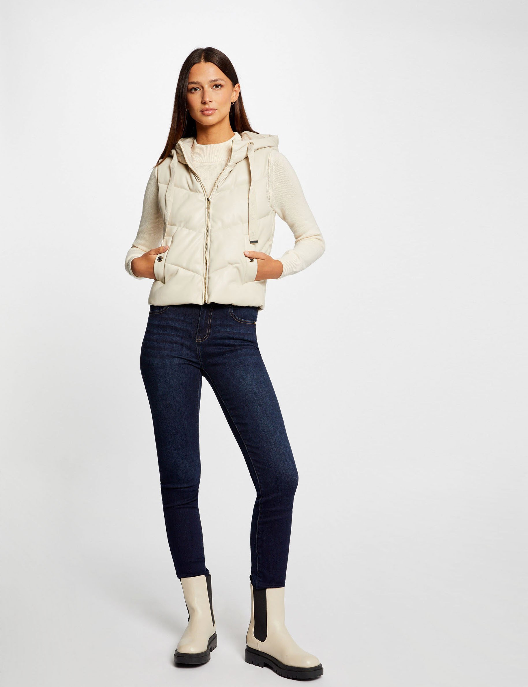 Faux leather padded jacket with hood ivory women