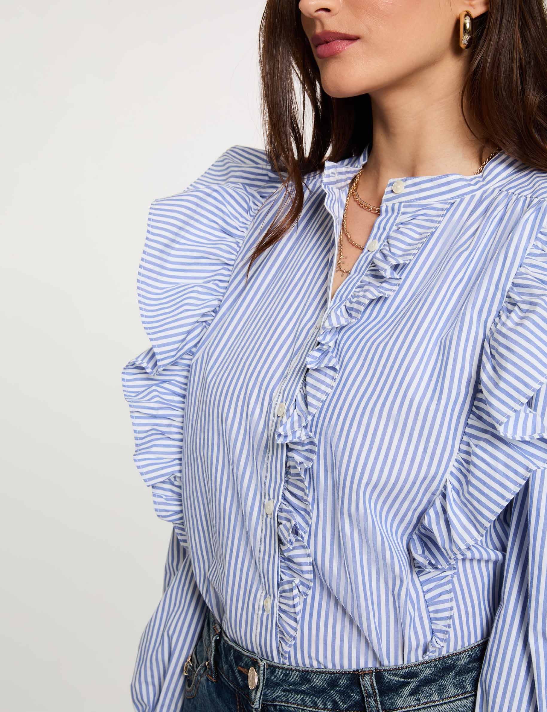 Striped shirt with mandarin collar sky blue women