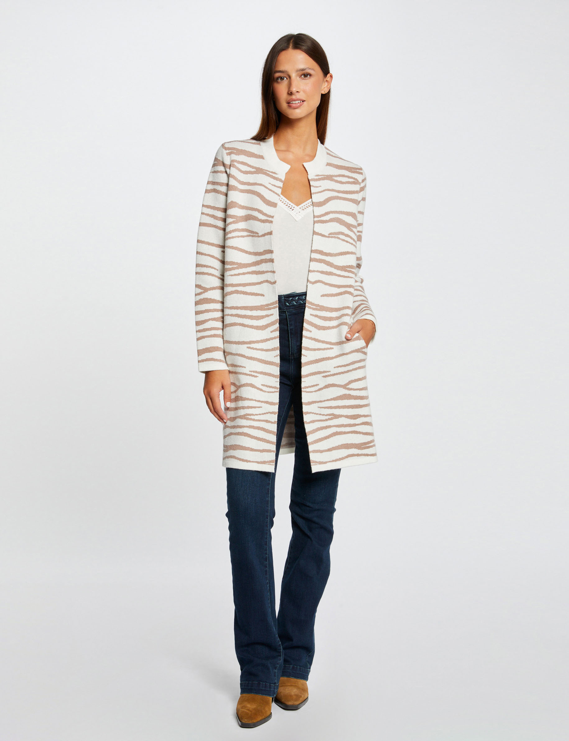 Long cardigan with zebra print ecru ladies'