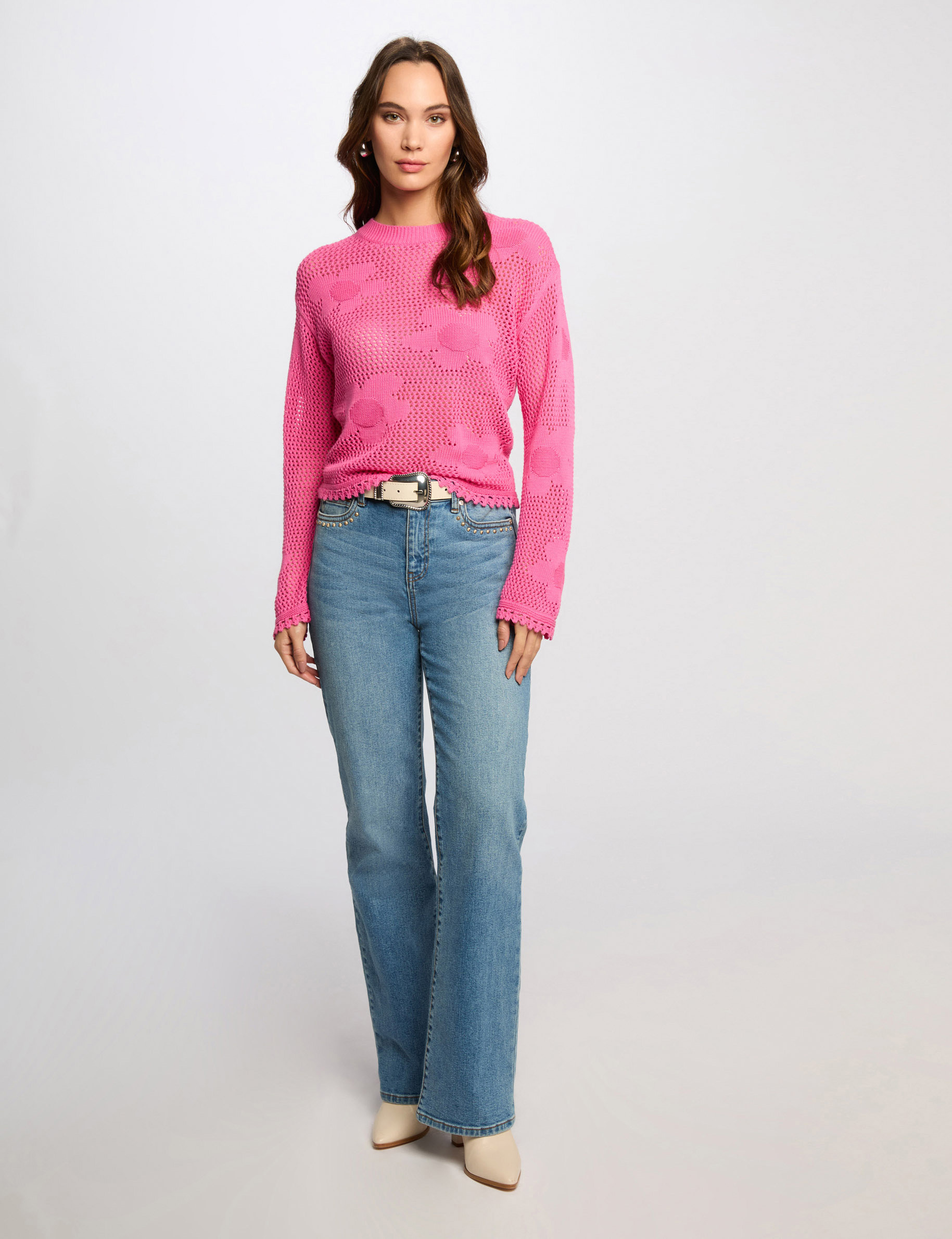 pull col rond ajoure rose femme Pull col rond ajouré rose femme
