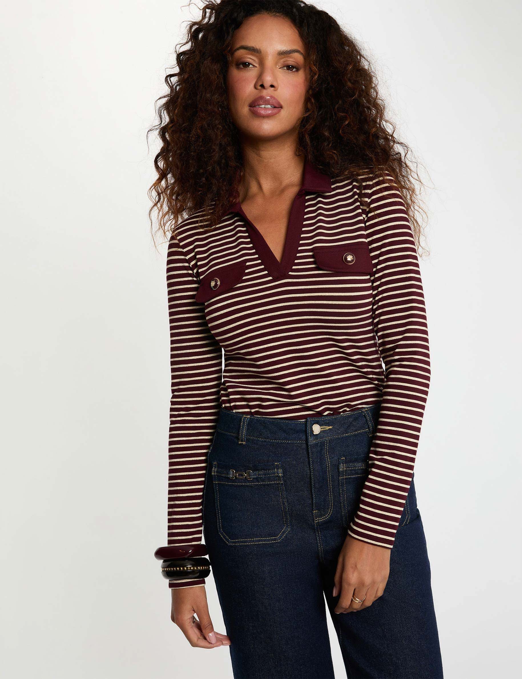 Striped long-sleeved polo bordeaux women