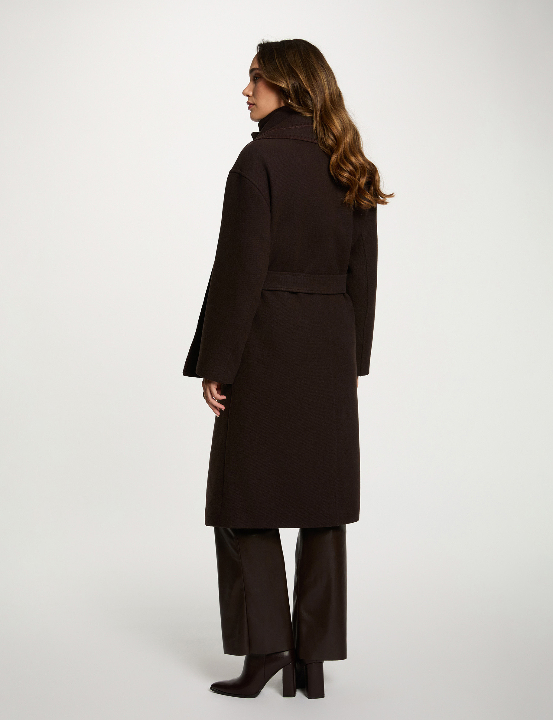 Long coat with high neck dark brown women