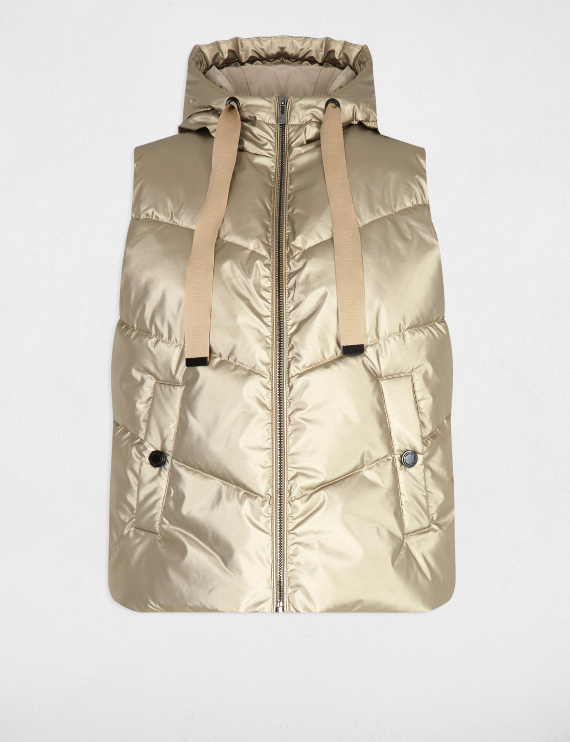 Shiny sleeveless puffer gold yellow women
