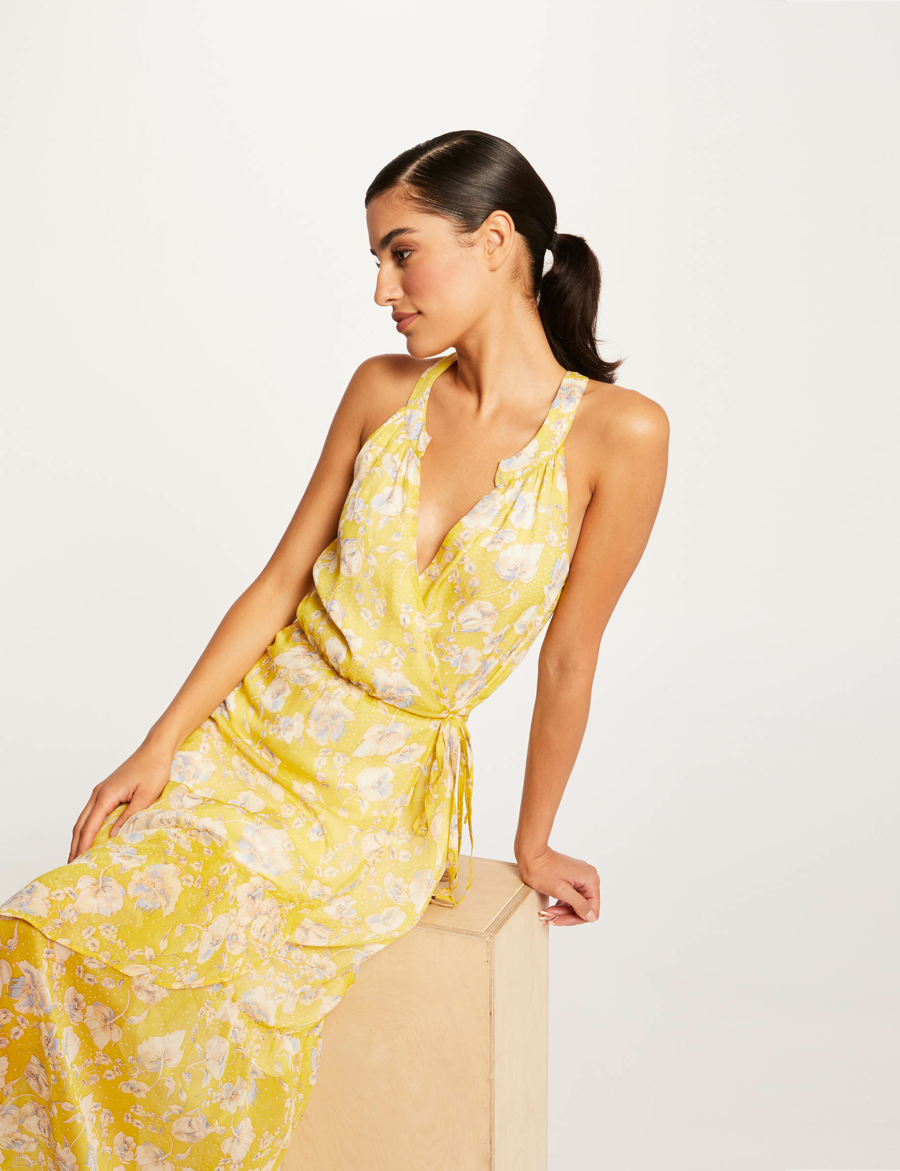 Maxi wrap dress with floral print yellow ladies' Maxi wrap dress with floral print yellow ladies'